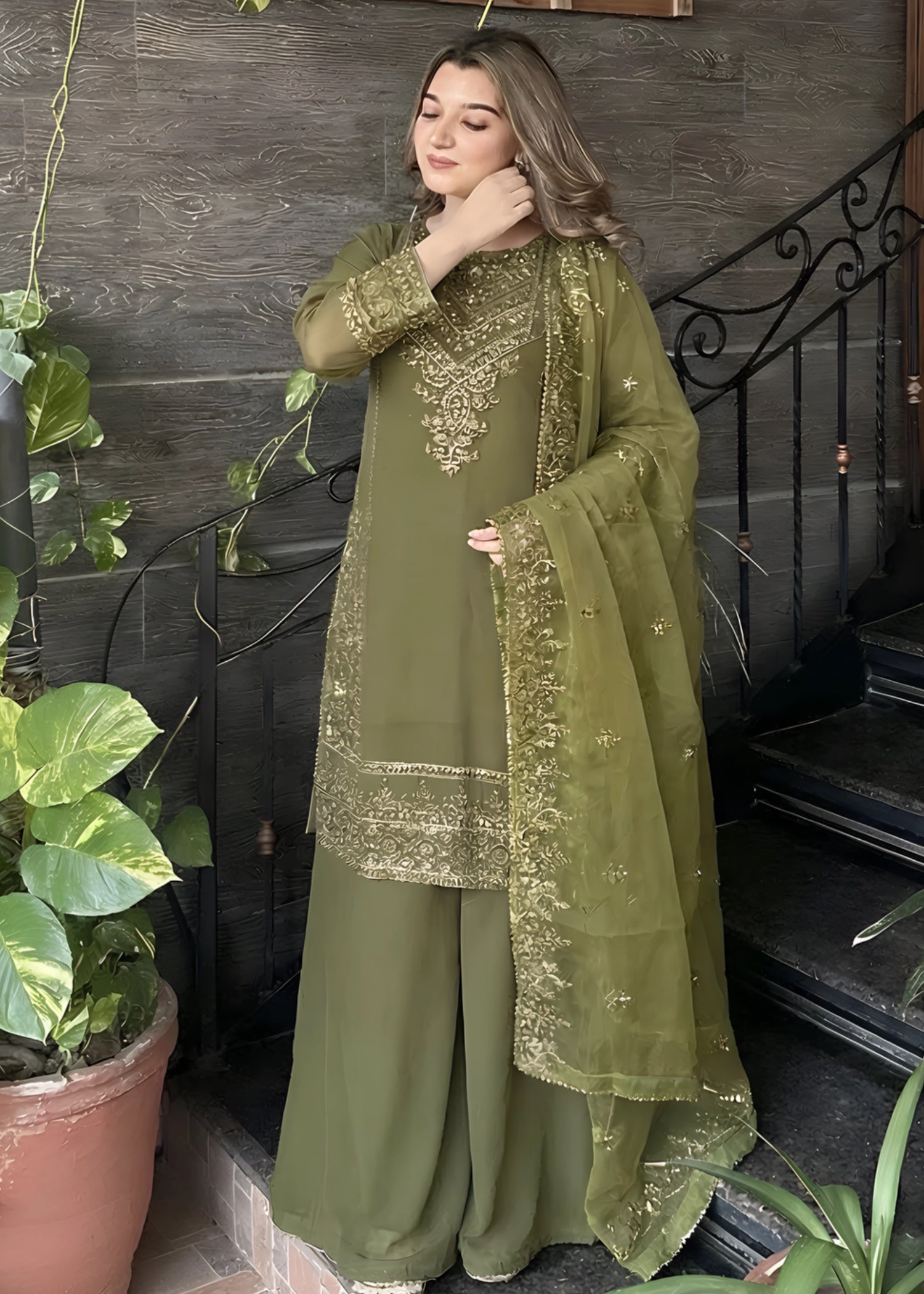 chiffon Sharara in Olive green