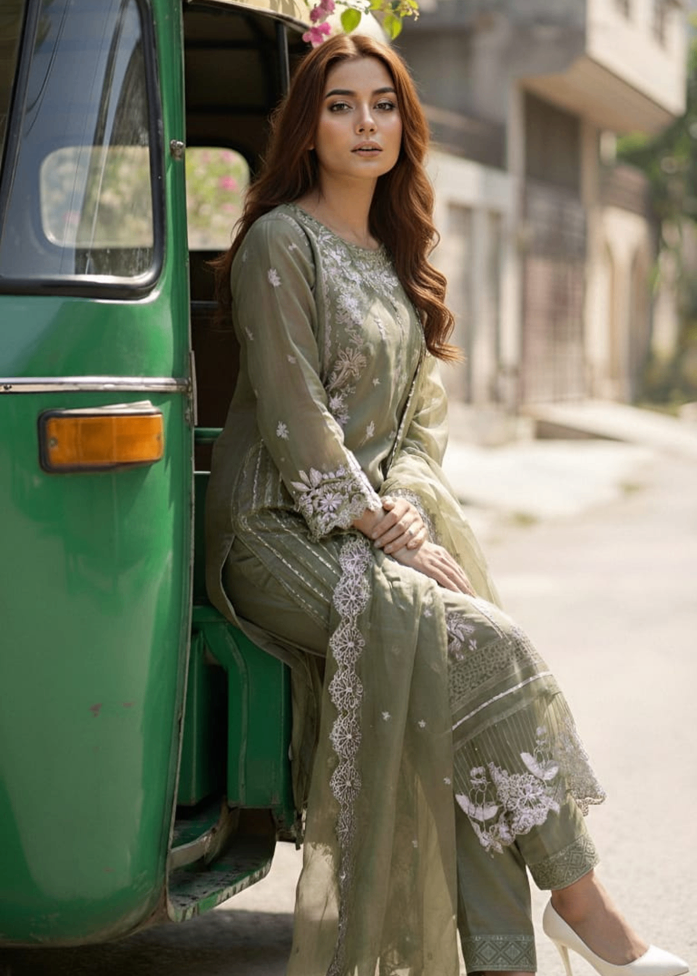 organza Kurta Set in Olive green