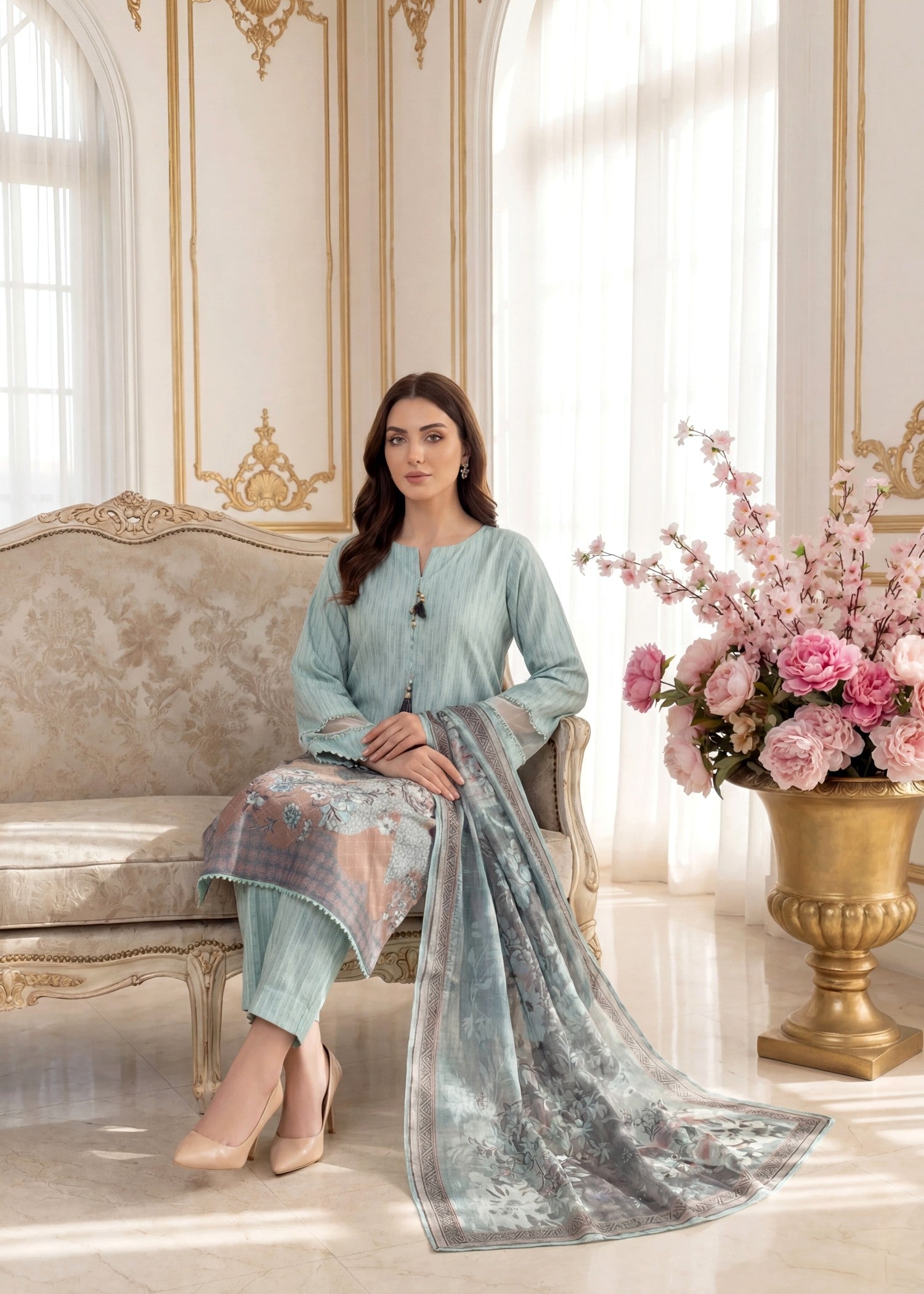 arabic lawn Kurta Set in Frost blue