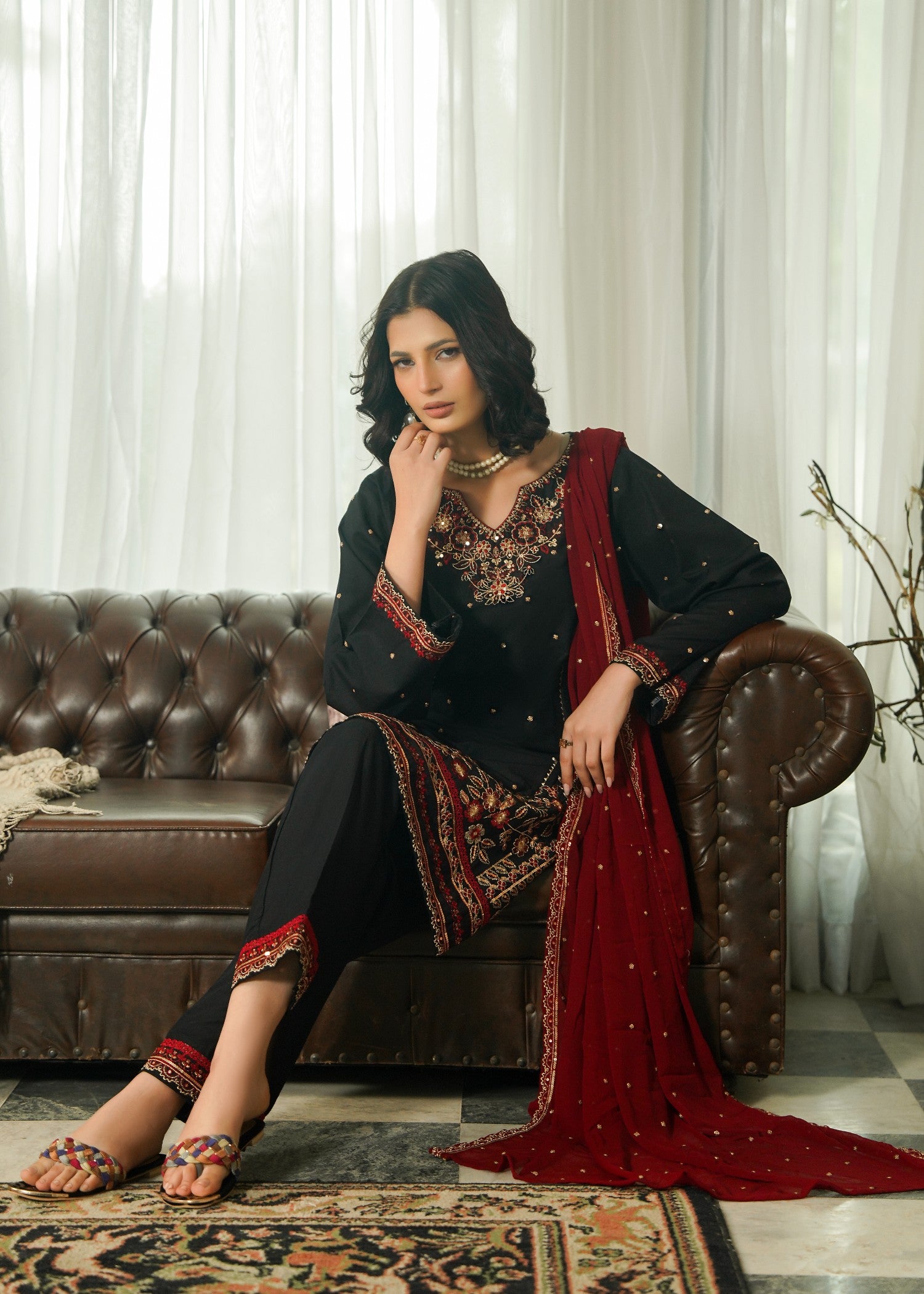 cotton Kurta Set in Black, maroon