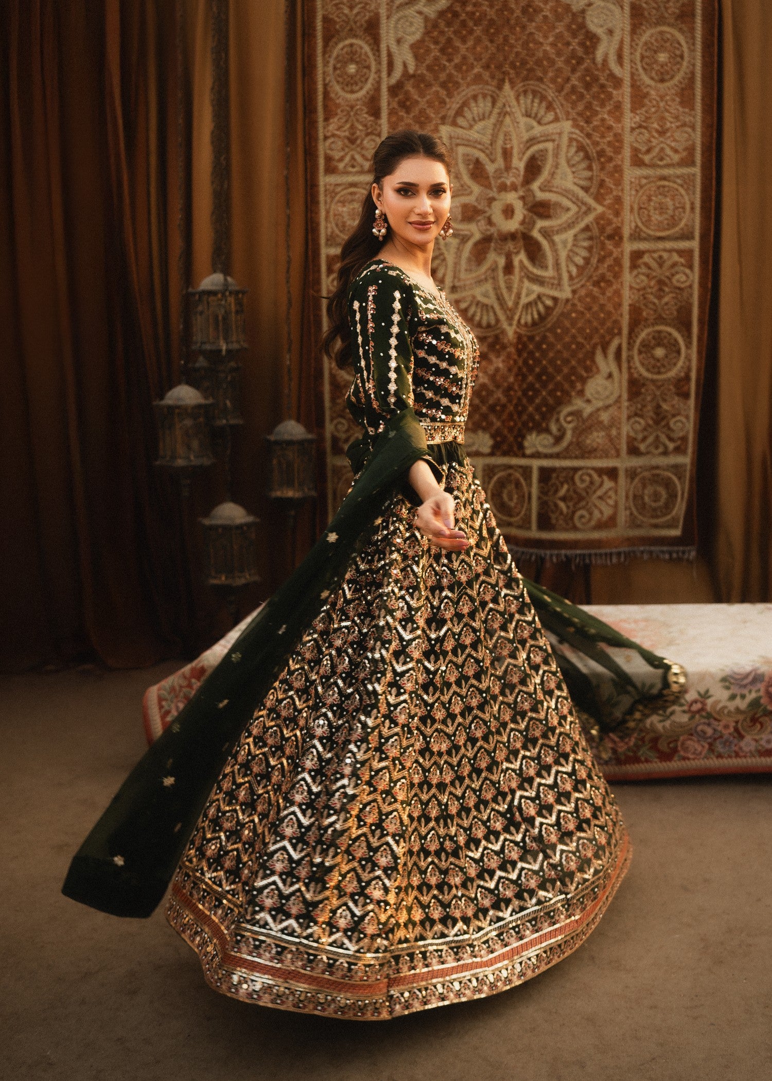 pk chiffon Lehenga in Bottle green