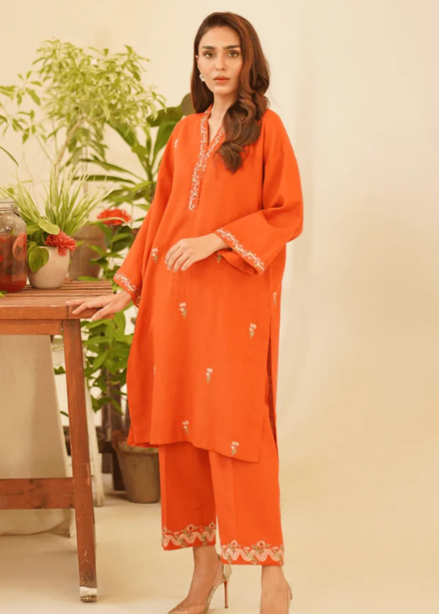 khaddar Kurta Set in Pumpkin orange