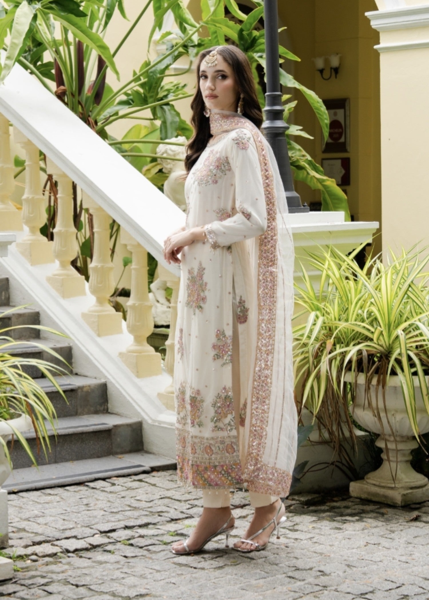 net Kurta Set in Off-white
