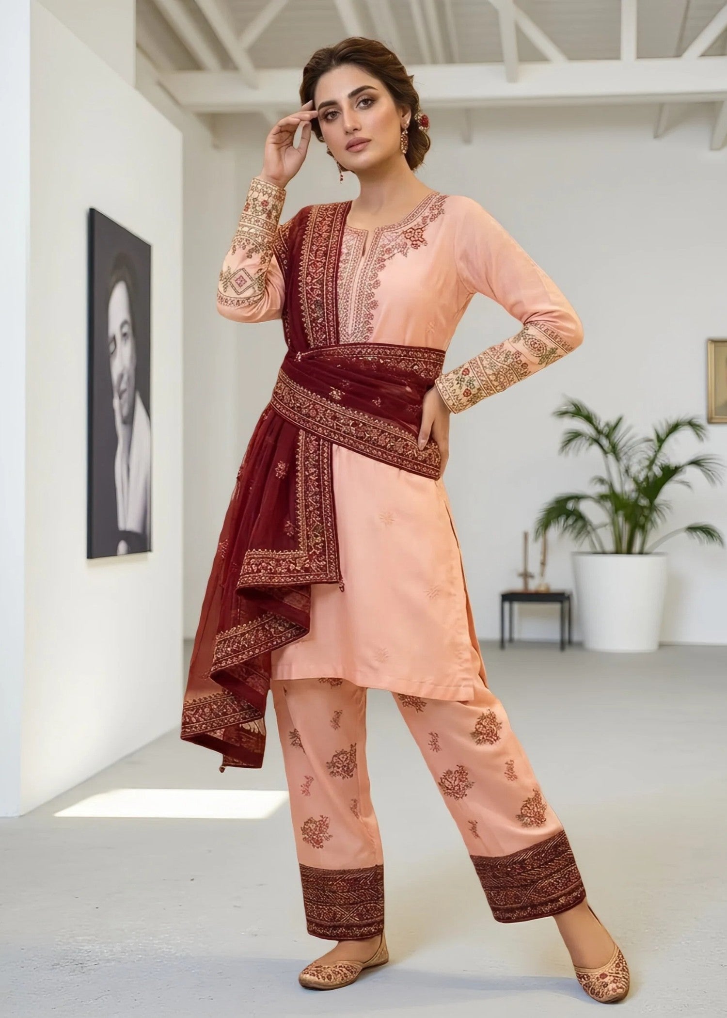lurex grip Kurta Set in Peach pink