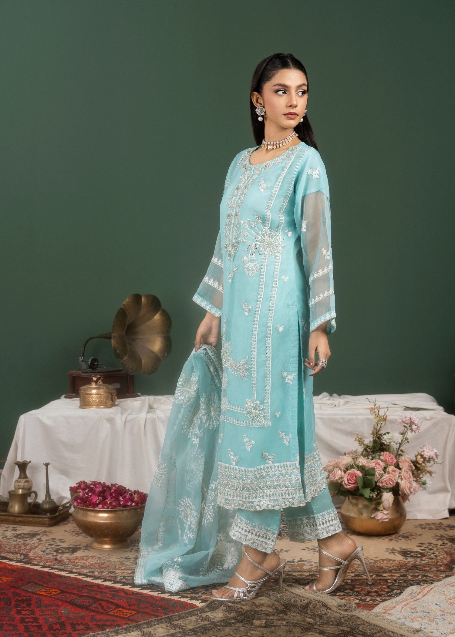 organza Kurta Set in Light blue