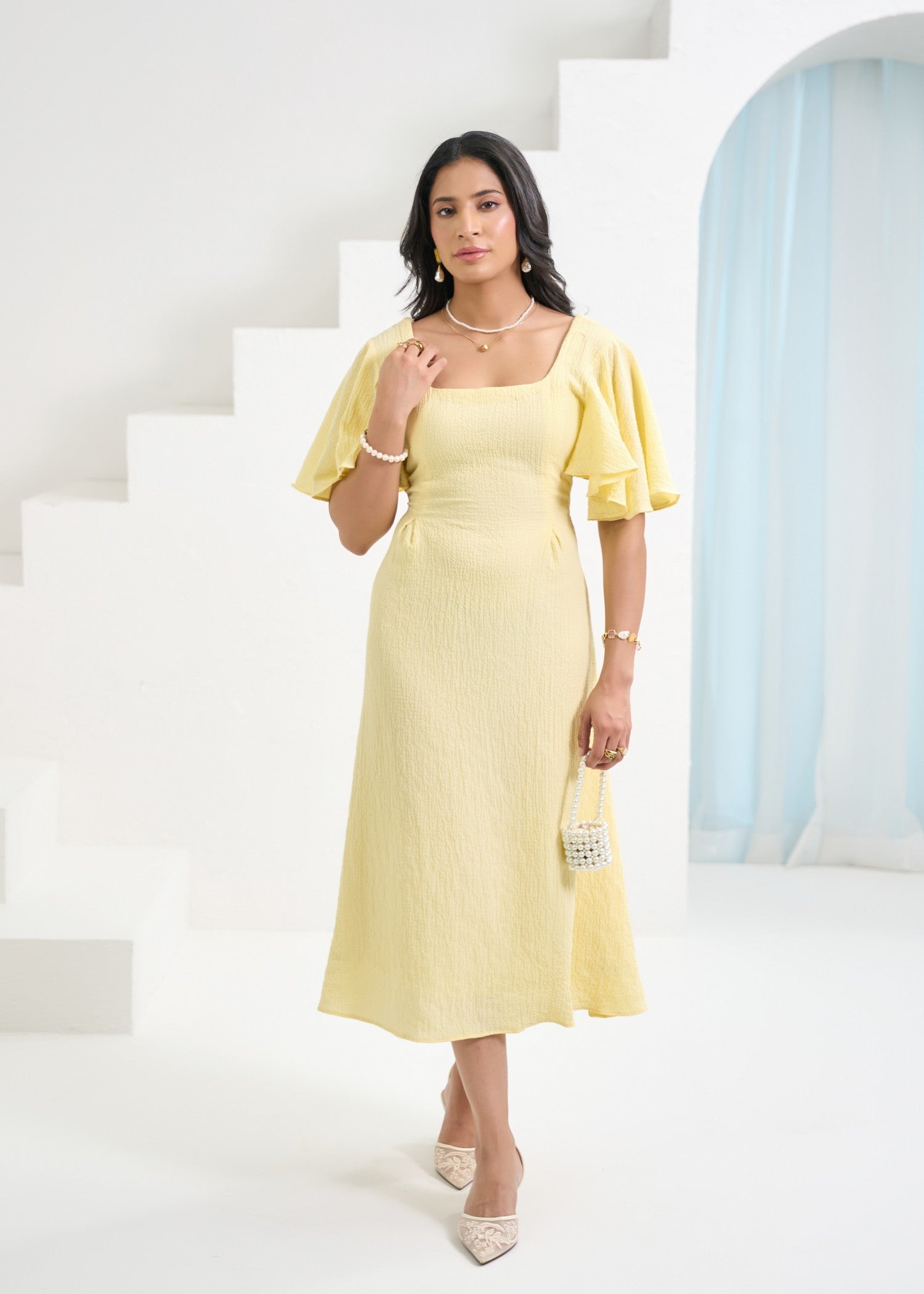 crepe georgette Dress in Light yellow