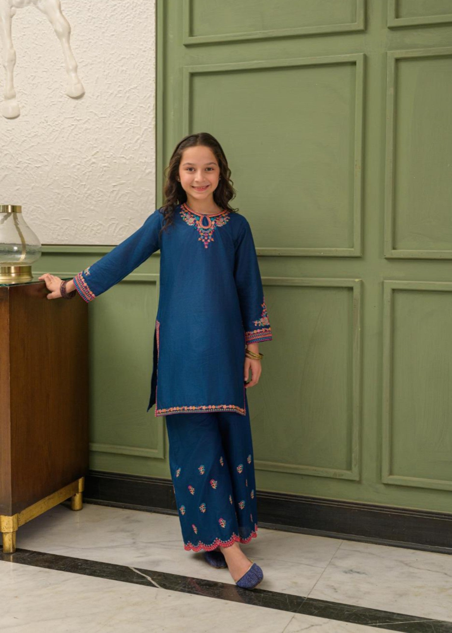 lawn Kurta Set in Dark blue