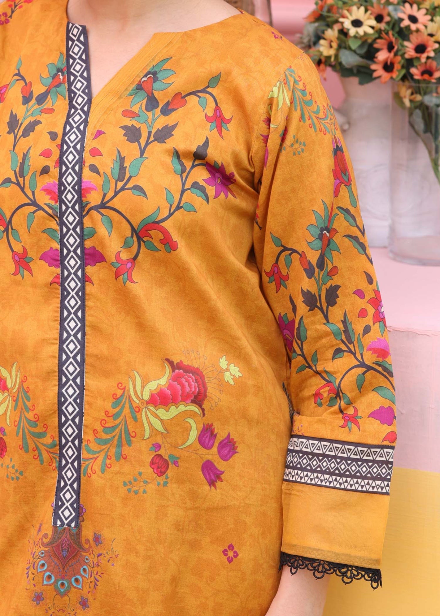 silk finish lawn Kurta Set in Mustard