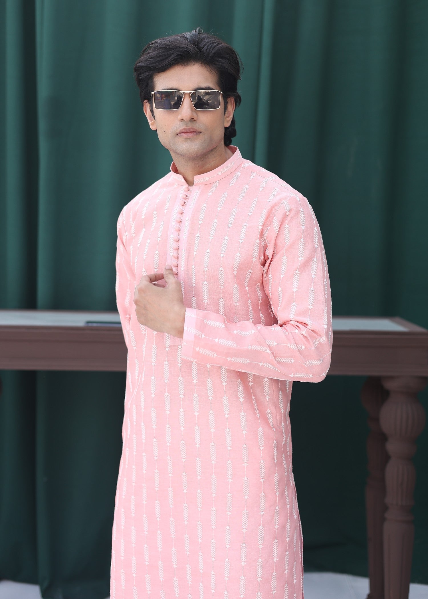 paper silk Kurta Set in Coral pink