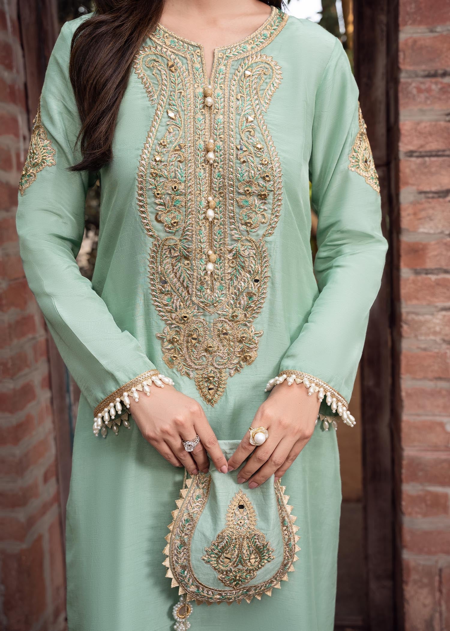khaddi silk Kurta Set in Mint green