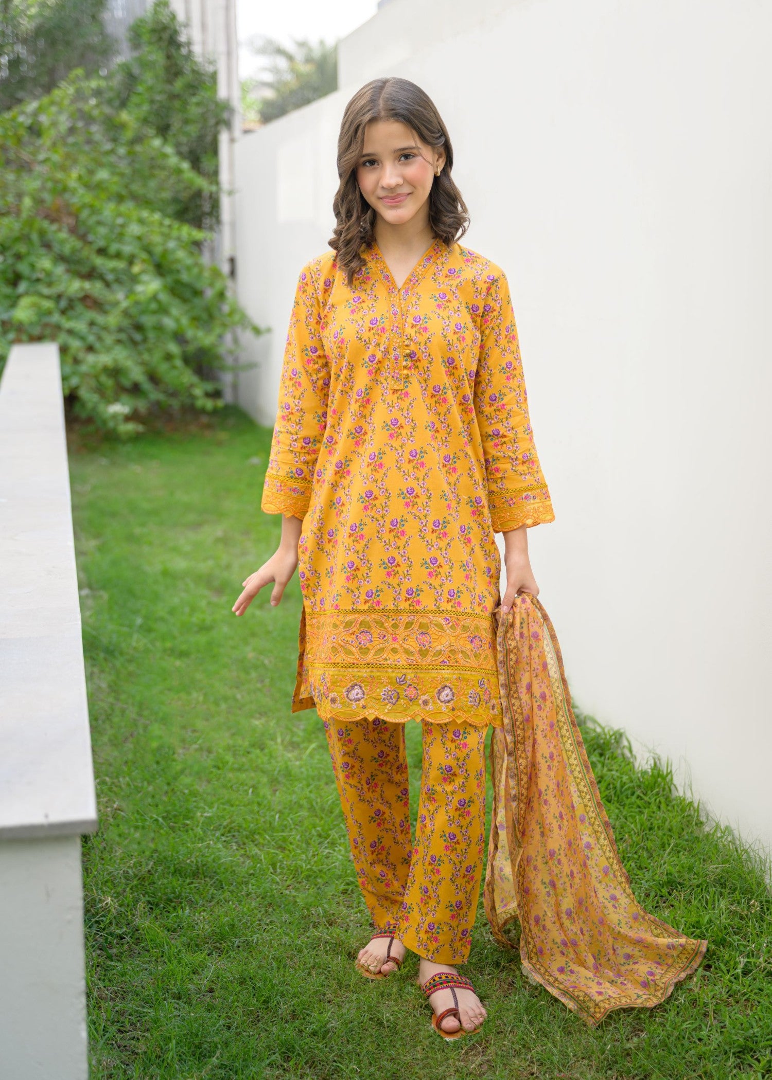 lawn Kurta Set in Yellow