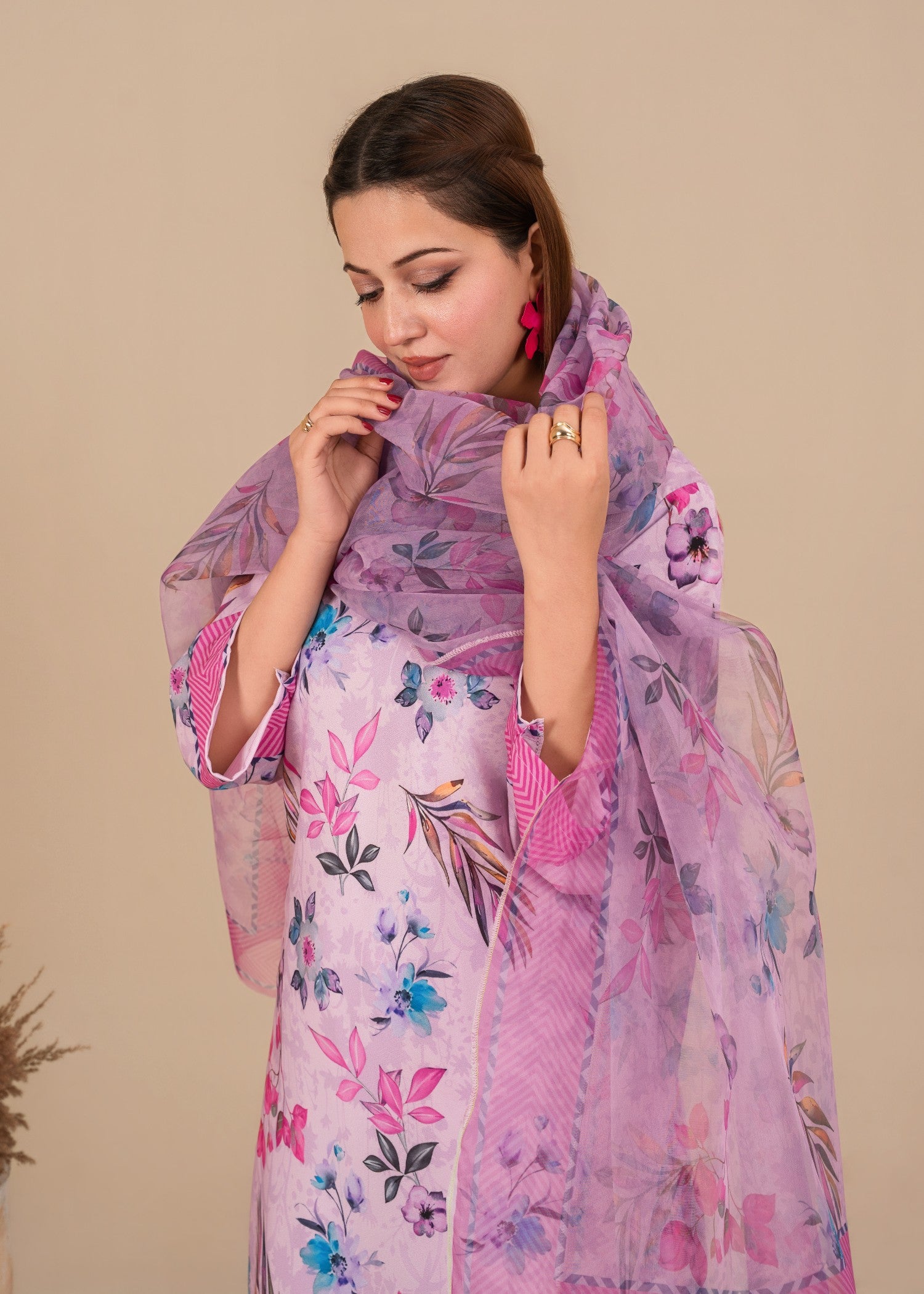 silk crepe Kurta Set in Purple ash