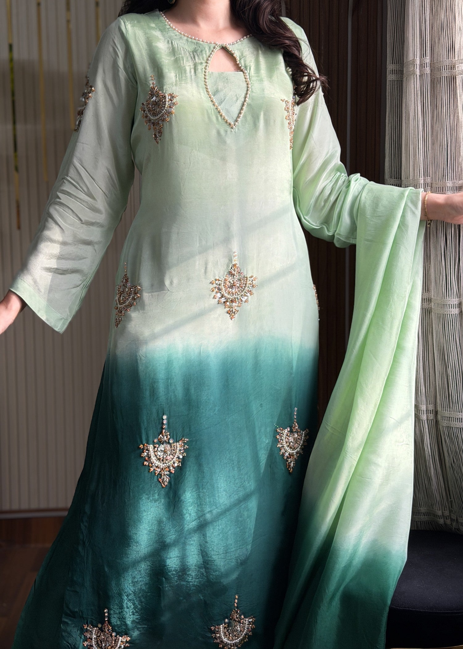 pk grip silk Kurta Set in Bottle green, mint green