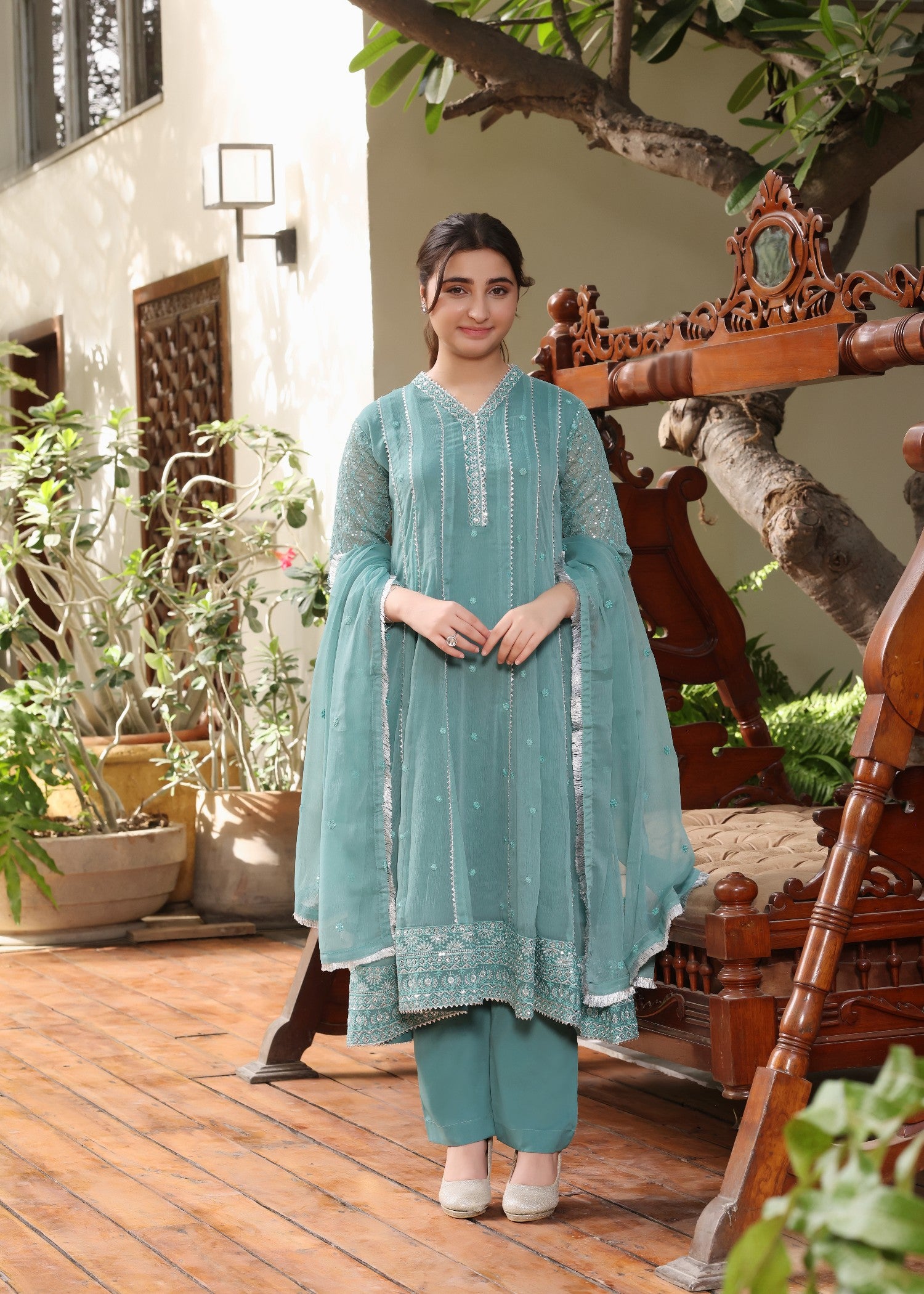 chiffon Pishwas in Sea green