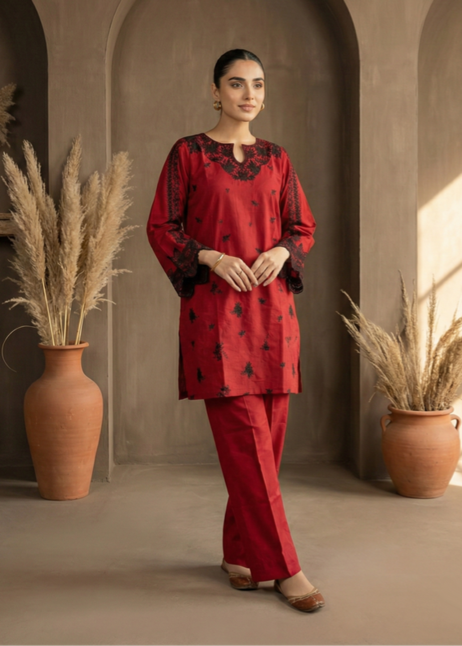 cotton dobby Kurta Set in Blood red