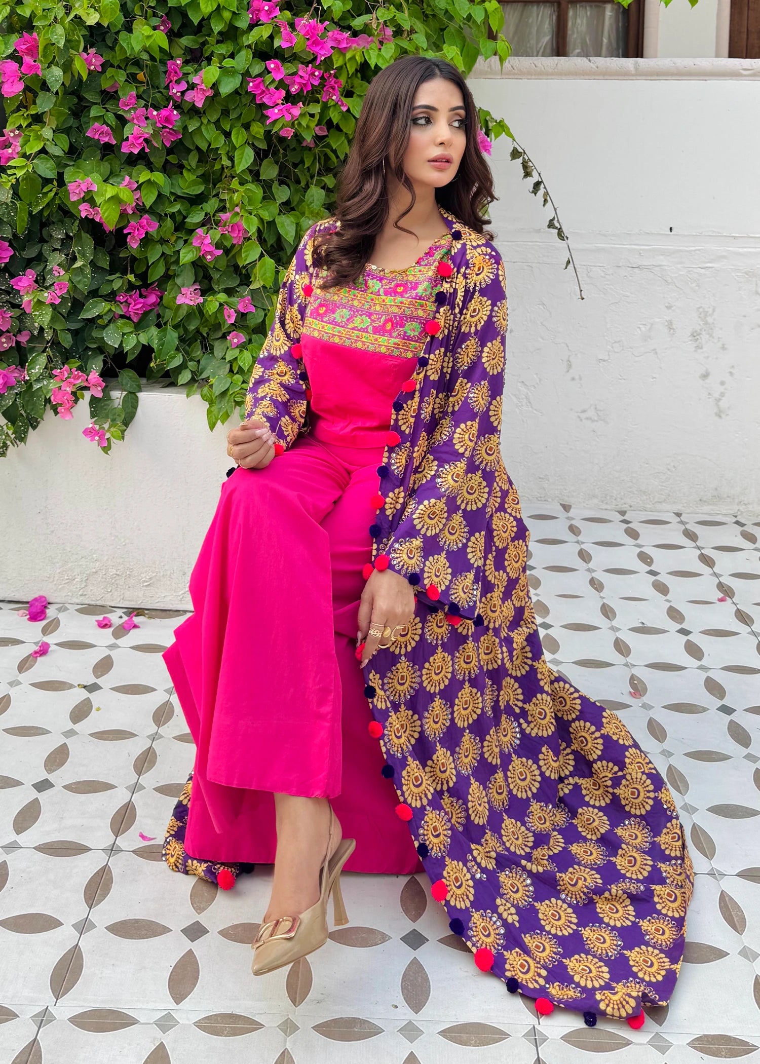 lawn Gown in Shocking pink, royal lilac
