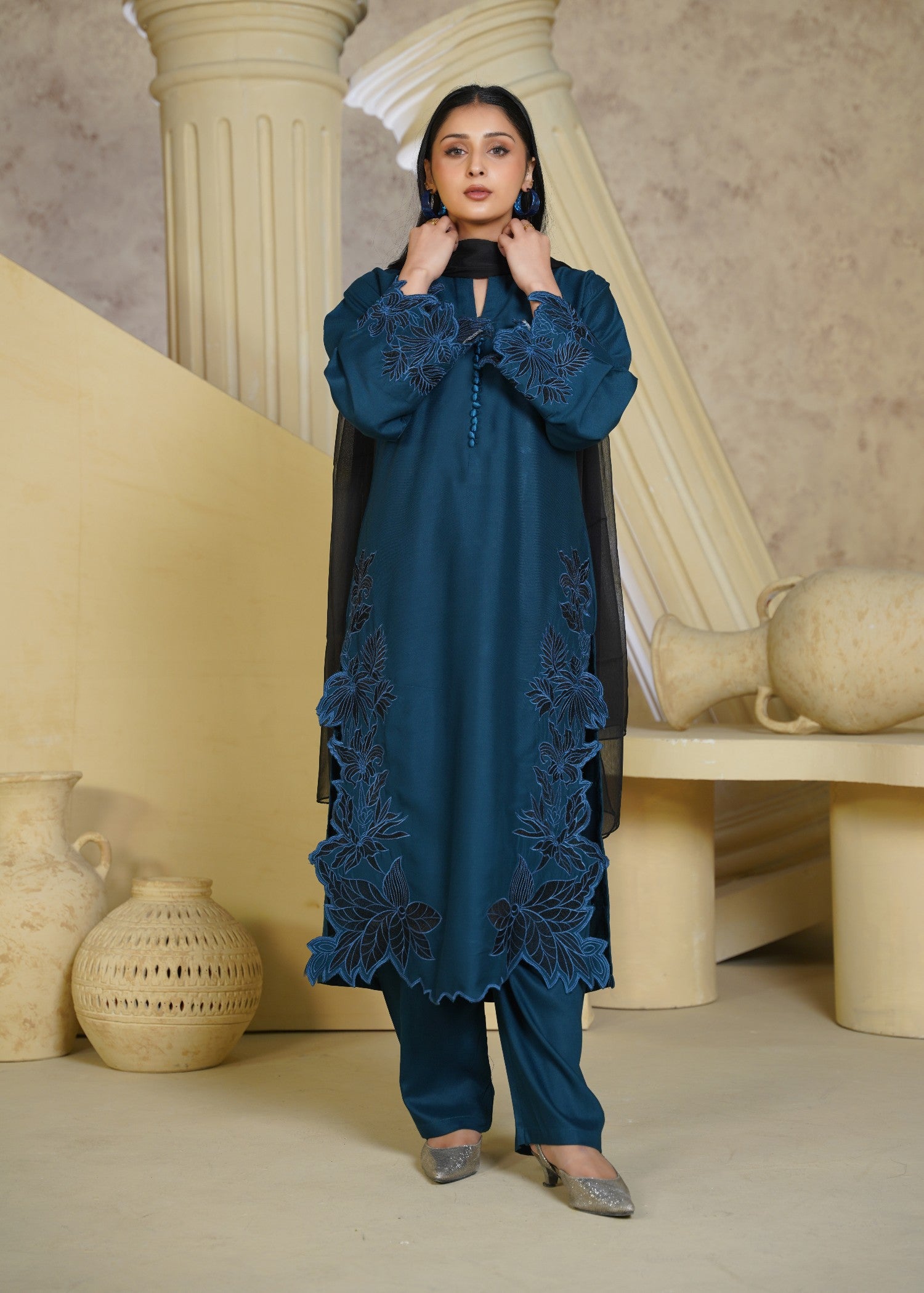 linen chambray Kurta Set in Teal
