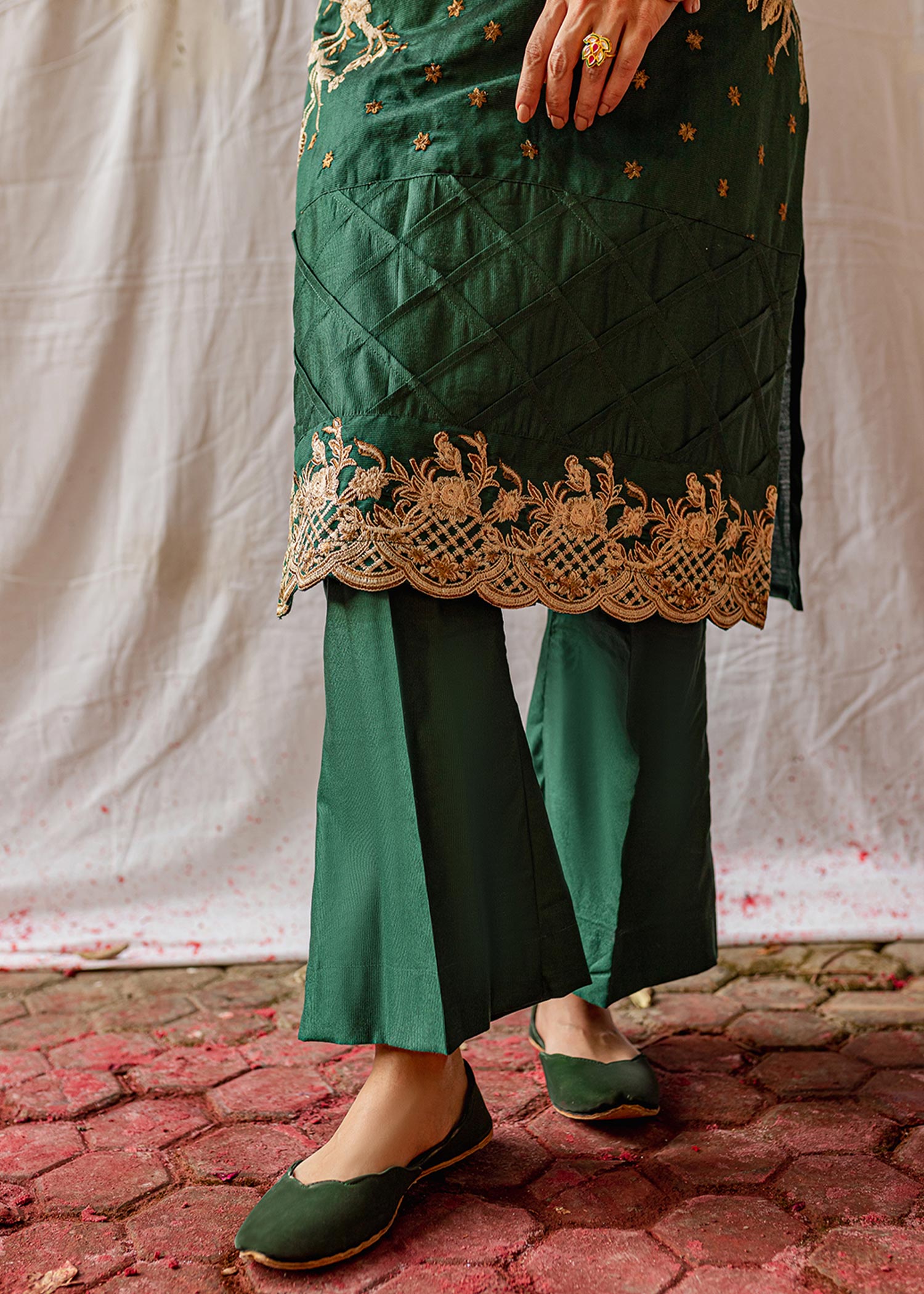 chambray Kurta Set in Green