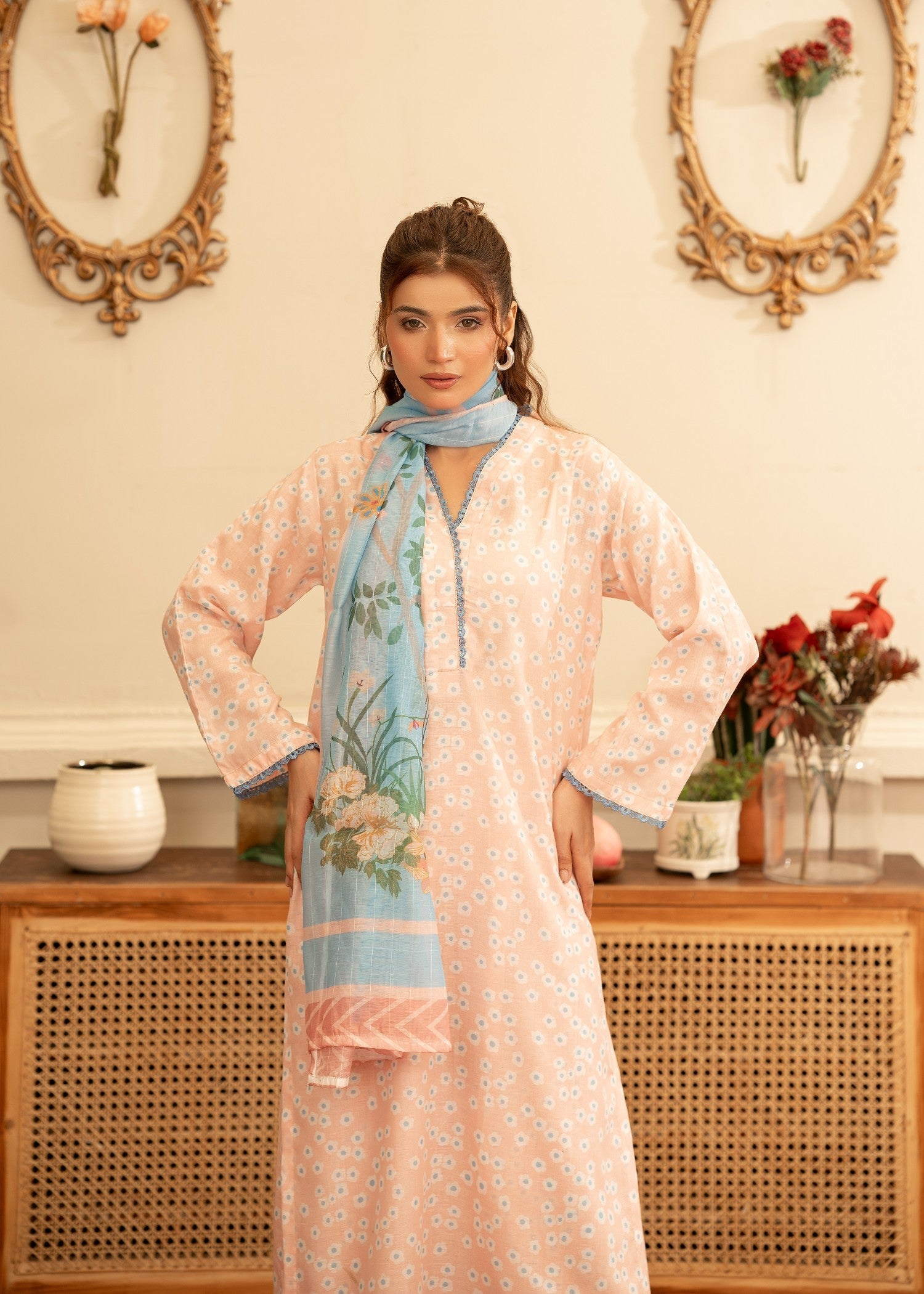 poly lawn Kurta Set in Peach orange