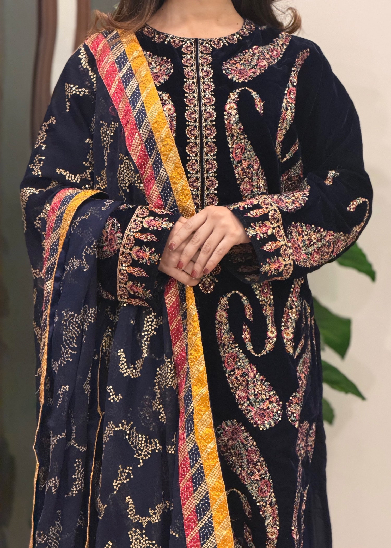 velvet Kurta Set in Dark blue