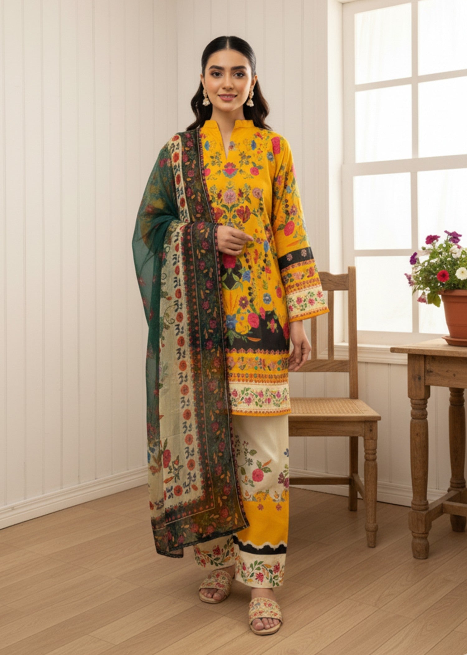 poly lawn Kurta Set in Saffron