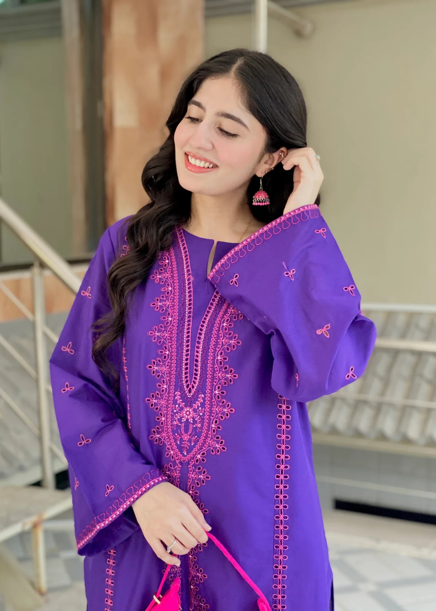lawn Kurta Set in Electric purple