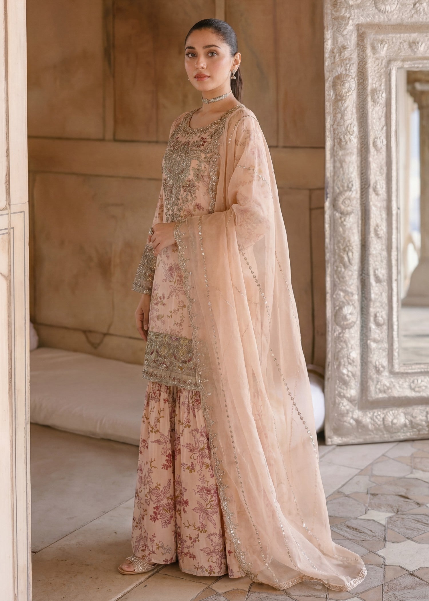 organza Gharara in Peach orange