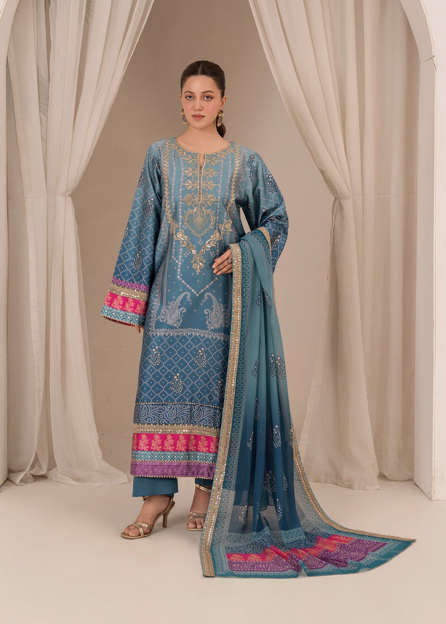 silk Kurta Set in Slate blue