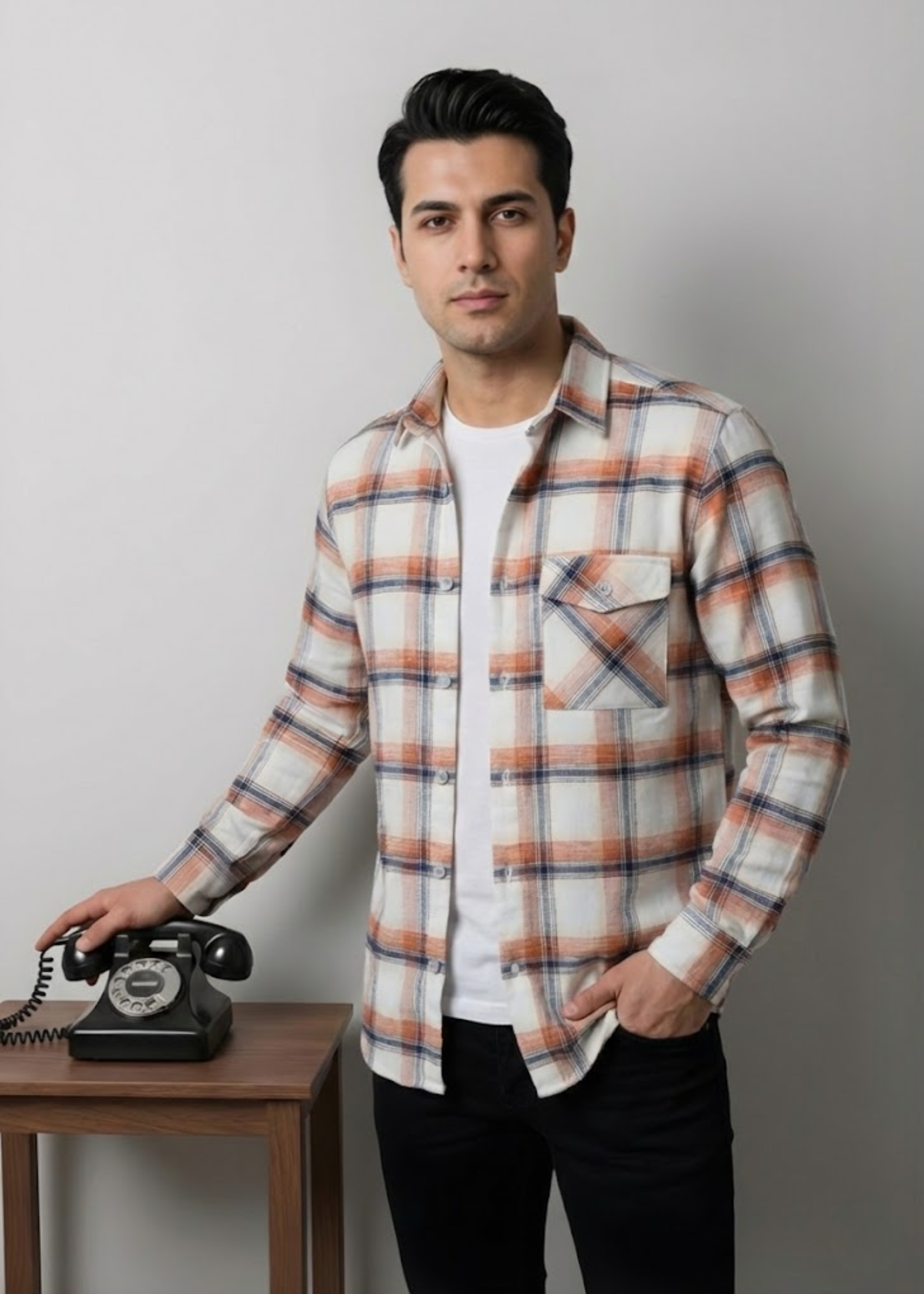 flannel Casual Shirt in Peach pink, multi