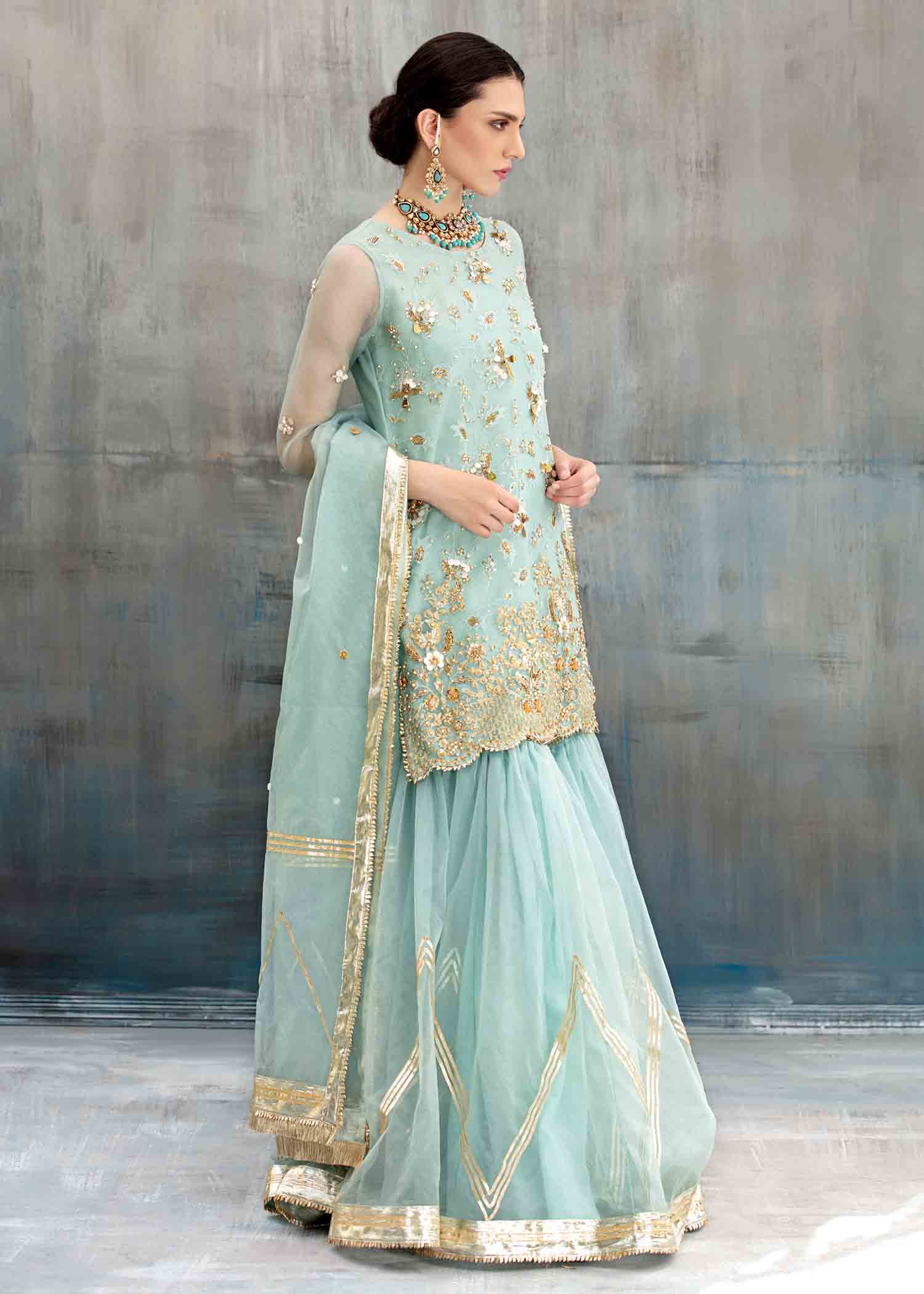 organza Gharara in Sky blue