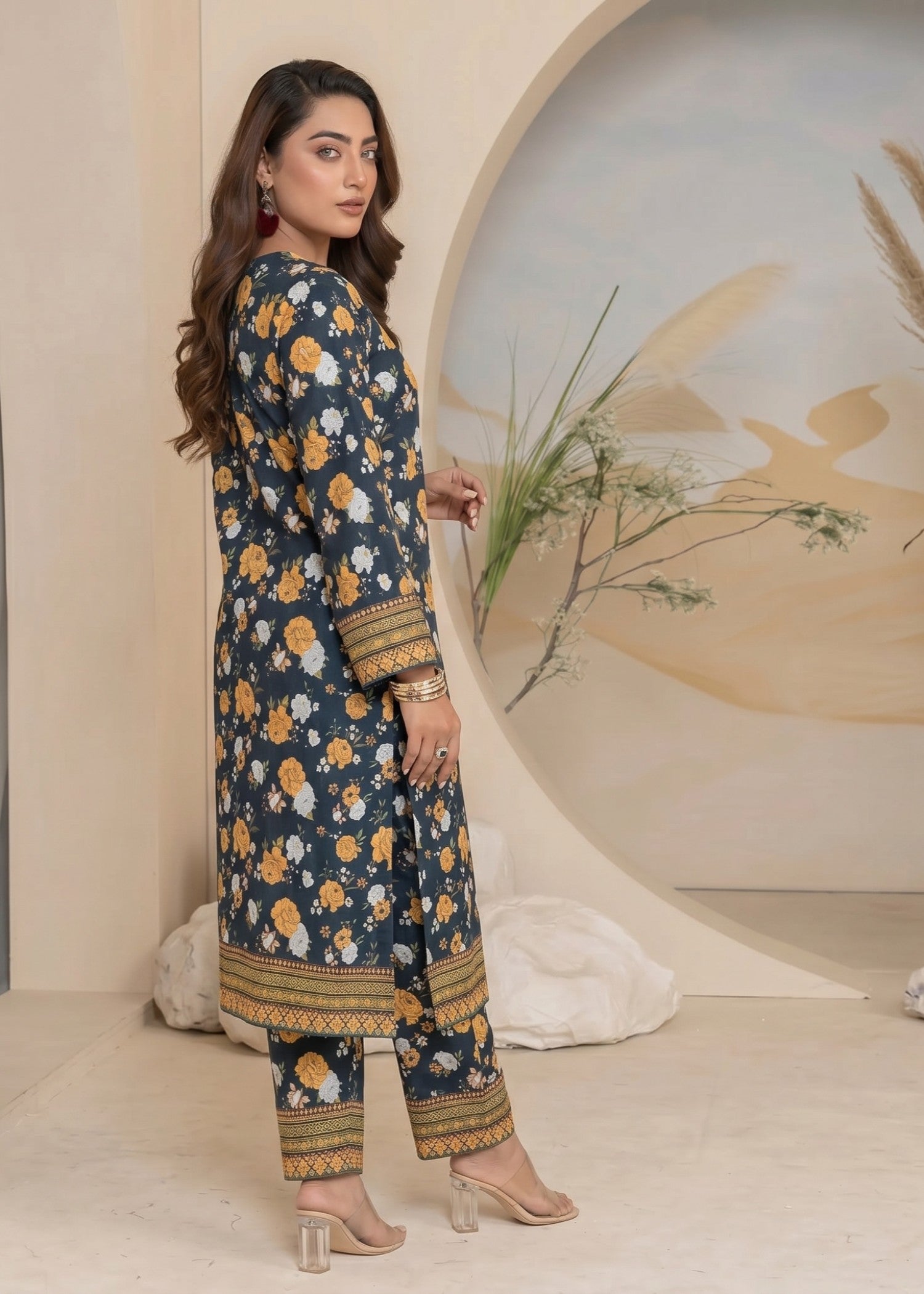 lawn Kurta Set in Prussian blue, banana