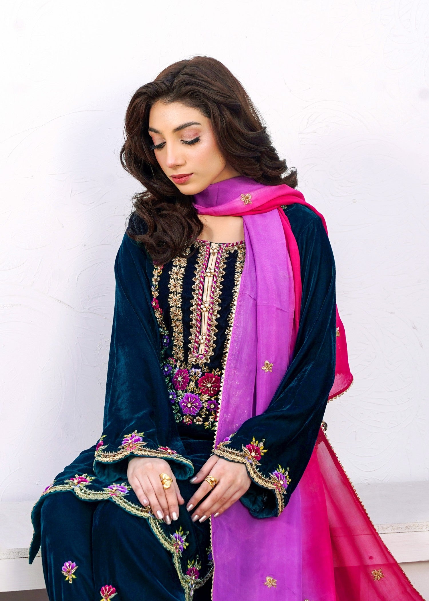 velvet Kurta Set in Twilight blue