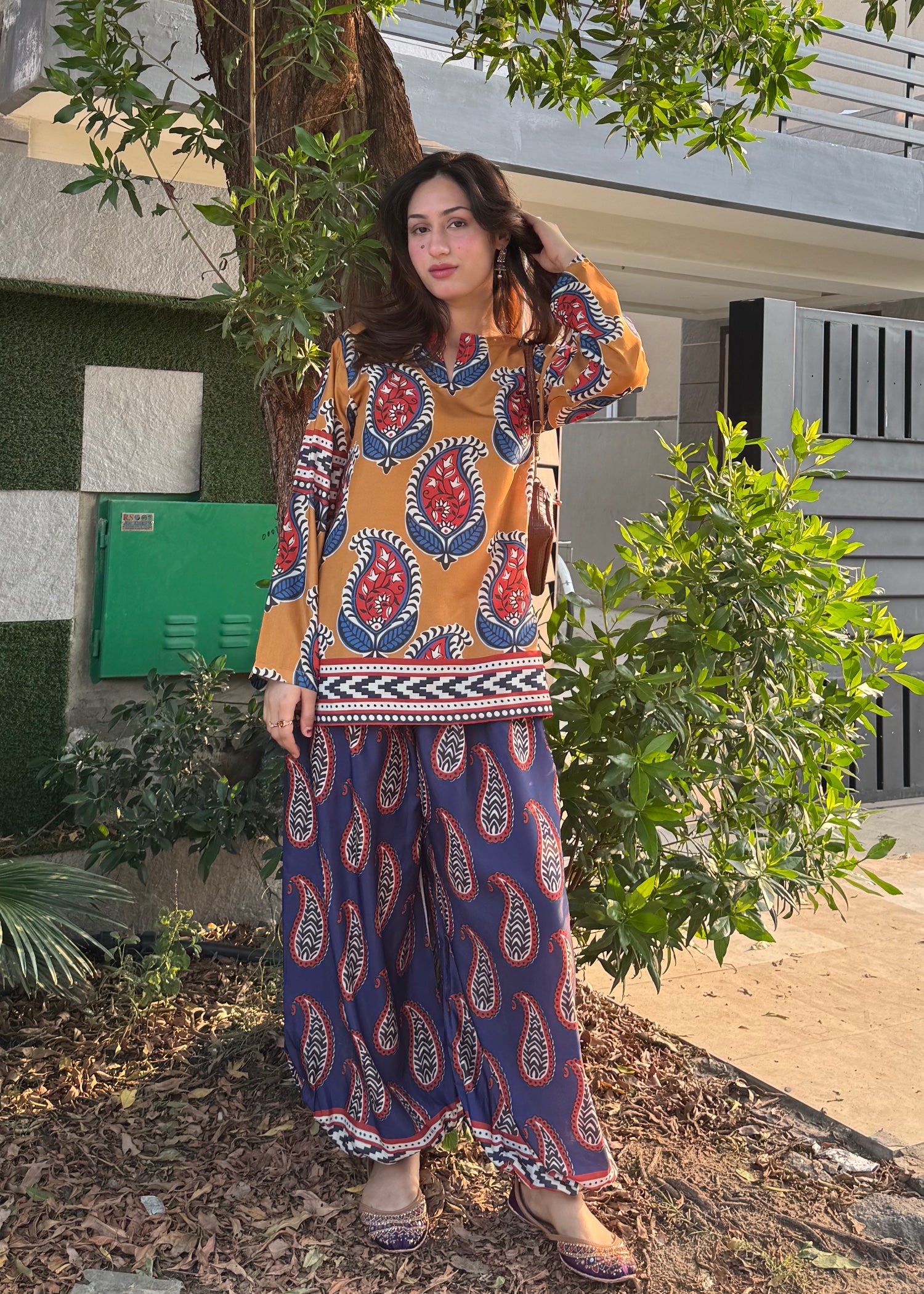 poly lawn Kurta Set in Navy blue, honey