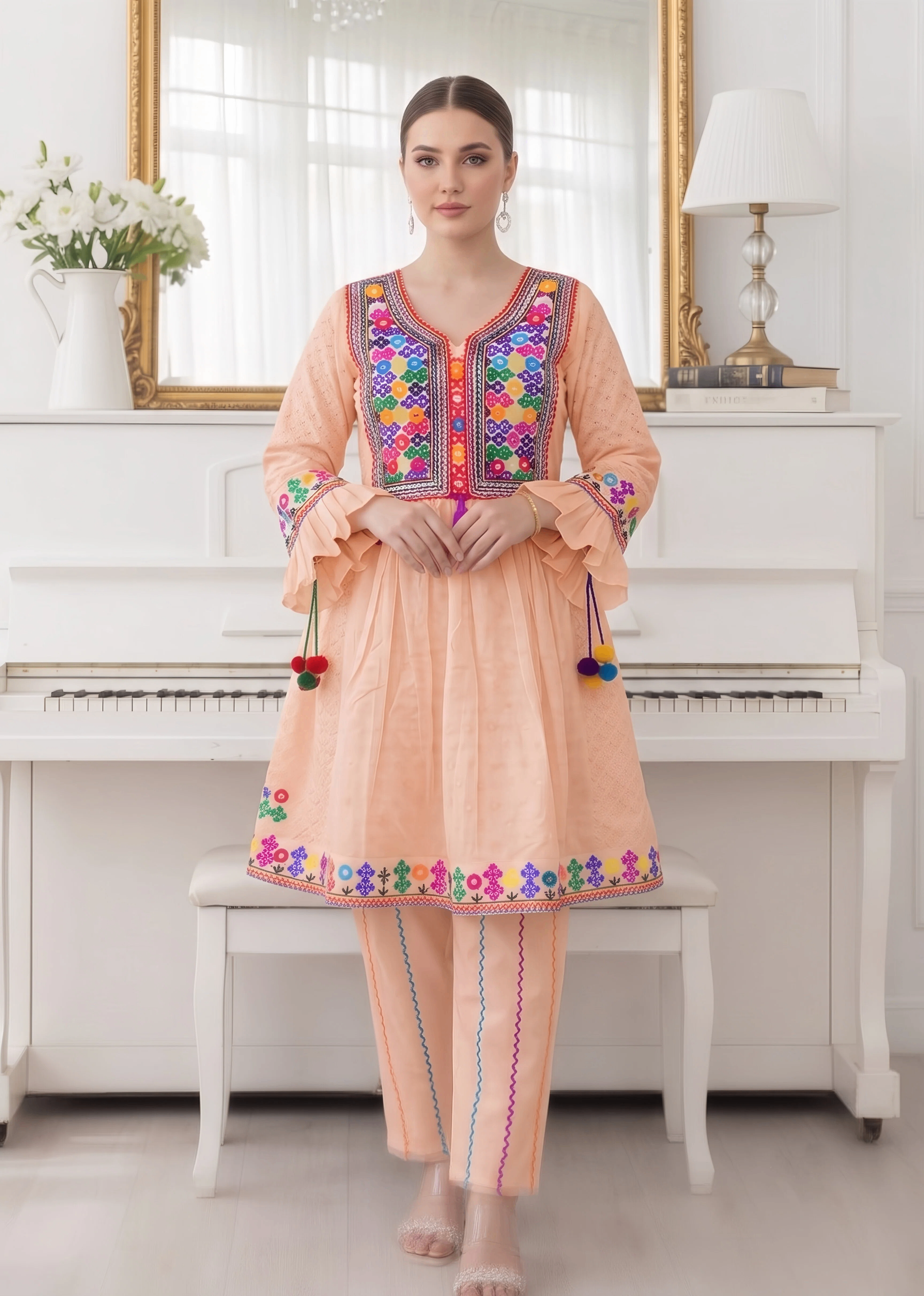 lawn cotton Short Frock in Peach pink