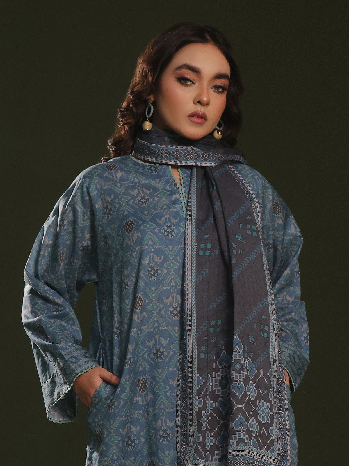 cambric Kurta Set in Steel blue