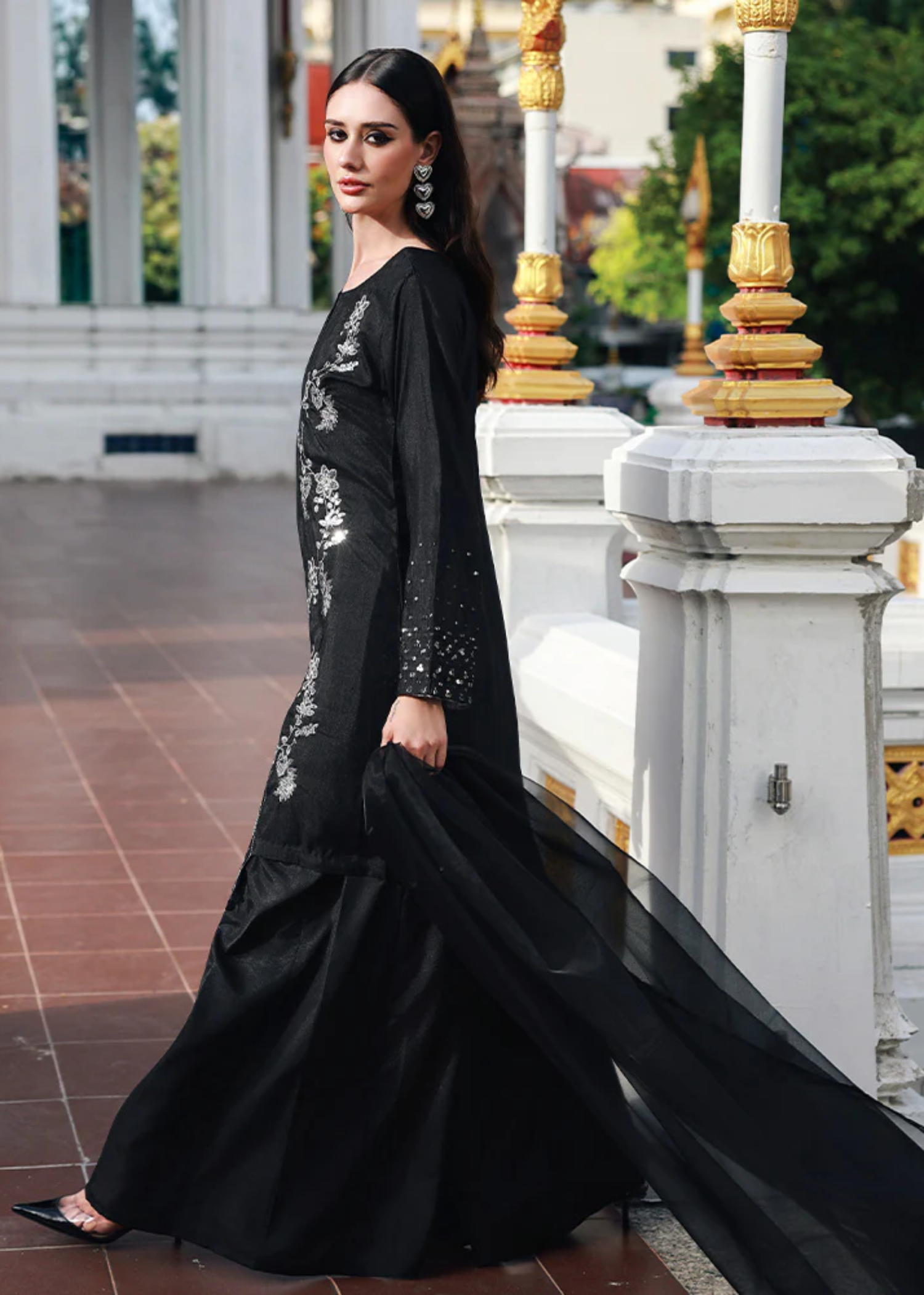 raw silk Sharara in Black