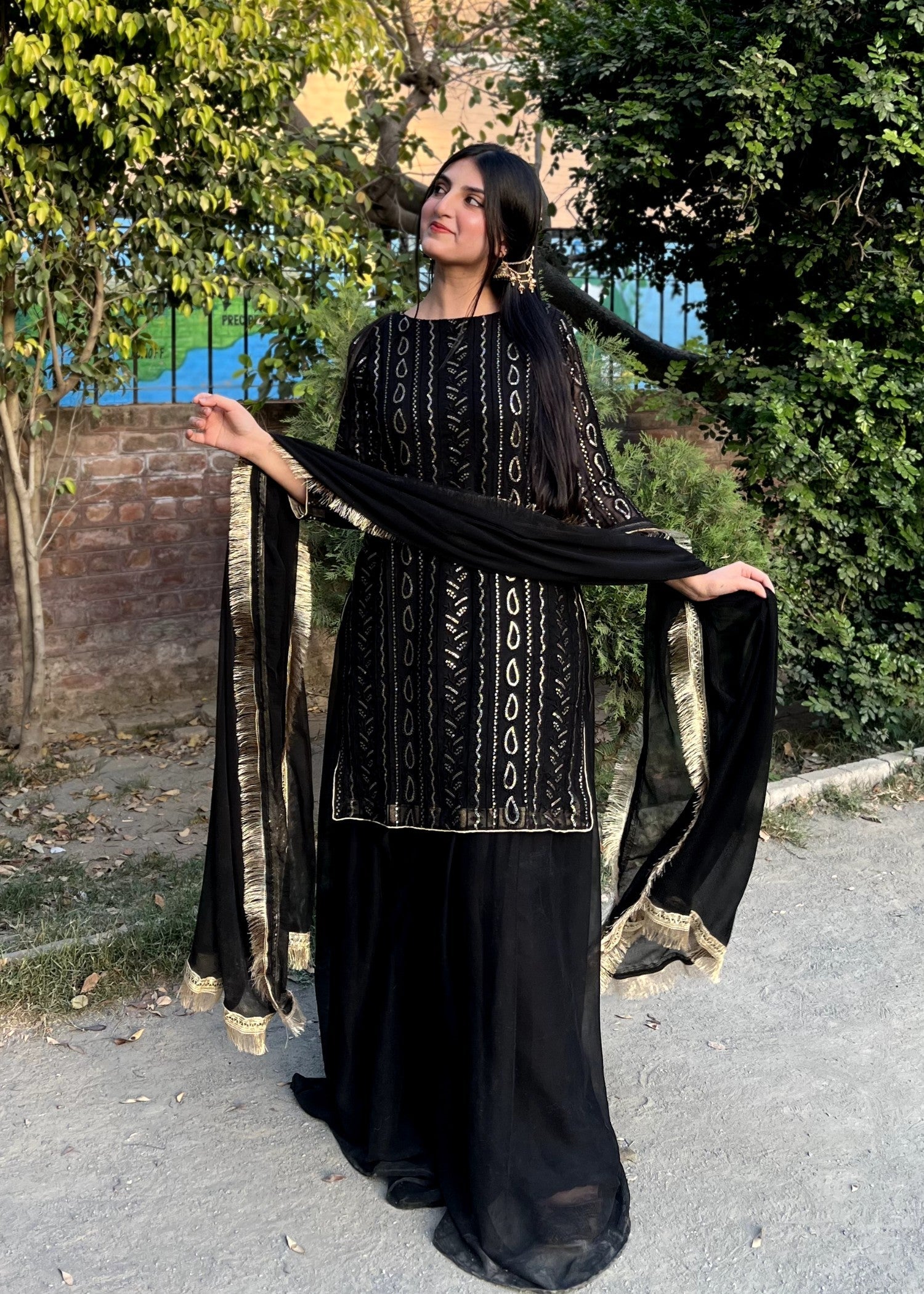 bemberg crinkle chiffon Sharara in Jet black
