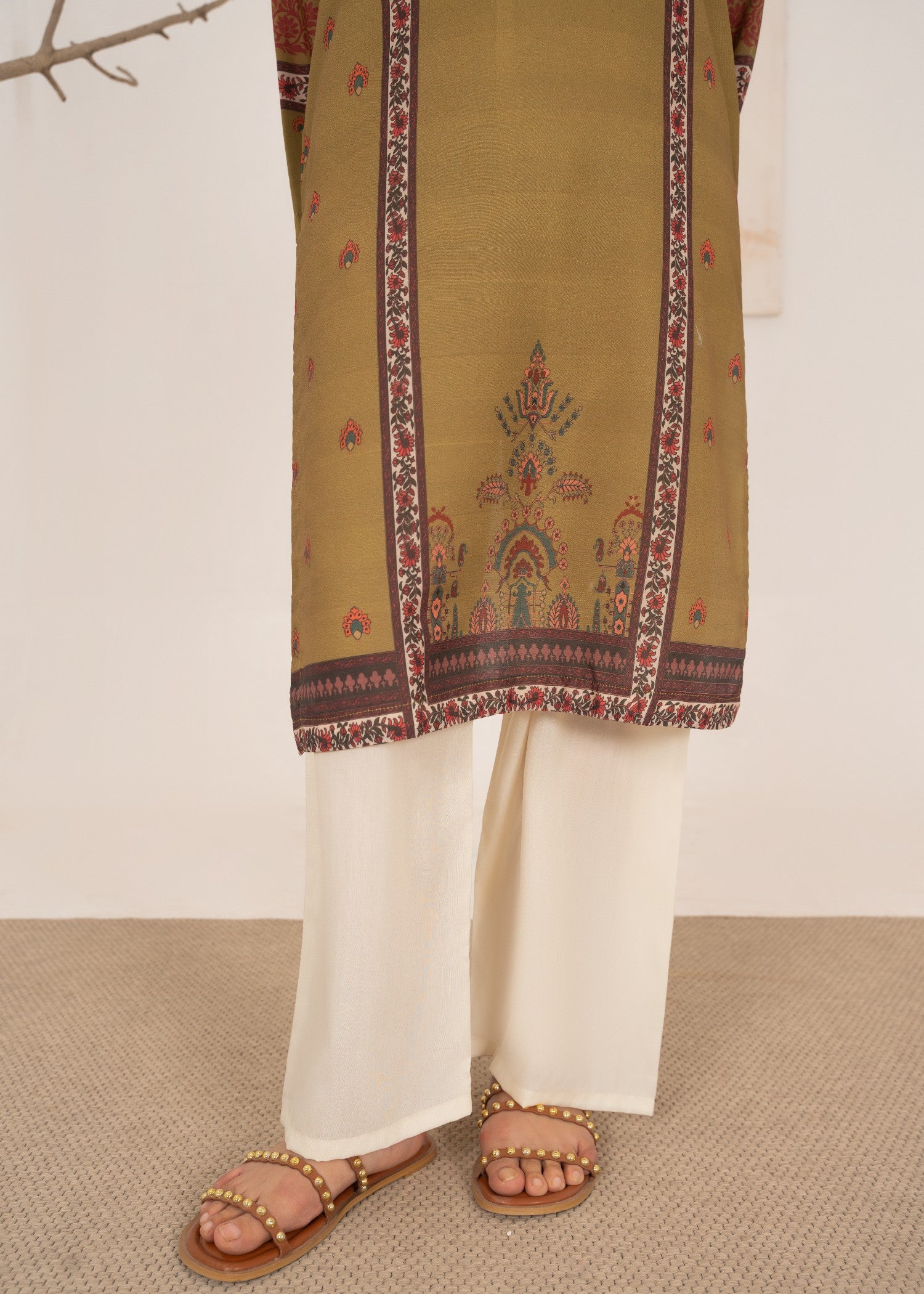 poly lawn Kurta Set in Olive green