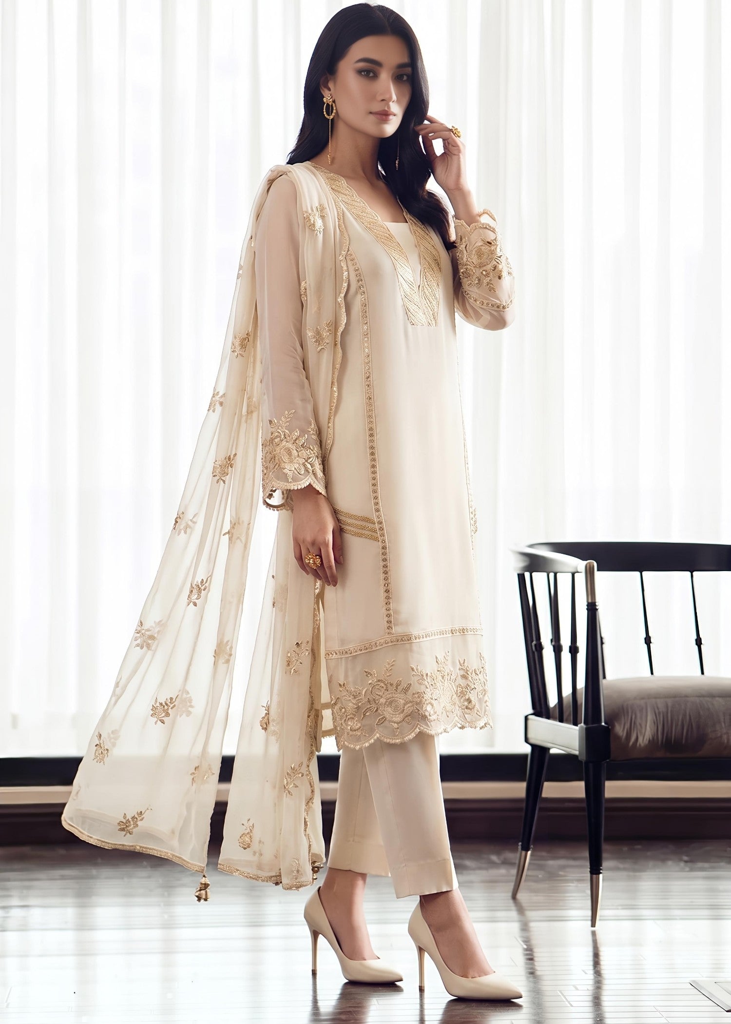 bemberg crinkle chiffon Kurta Set in Cream