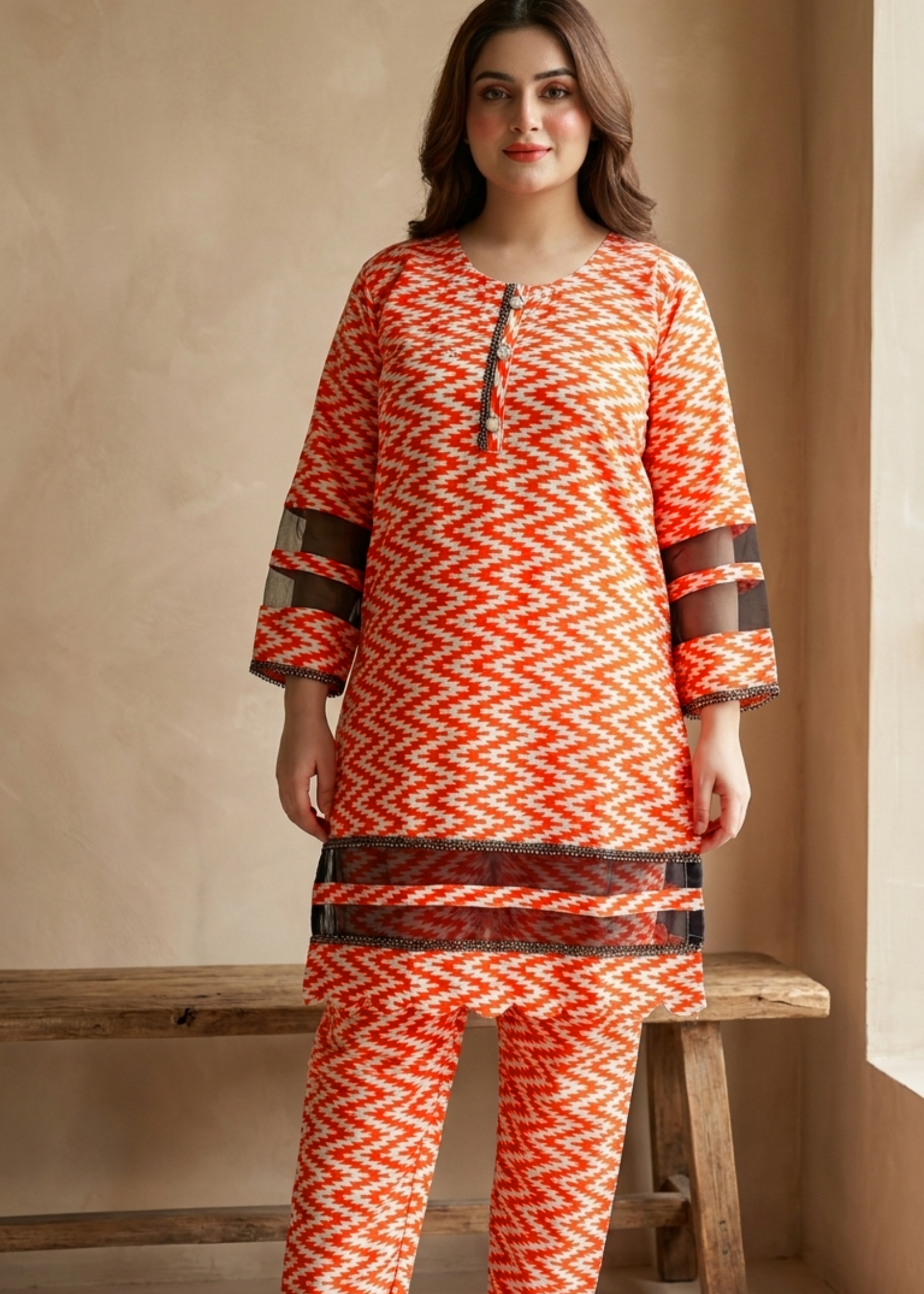 silk finish lawn Co Ord Sets in Orange