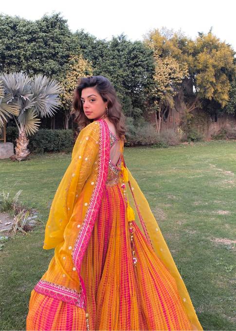 organza Pishwas in Yellow