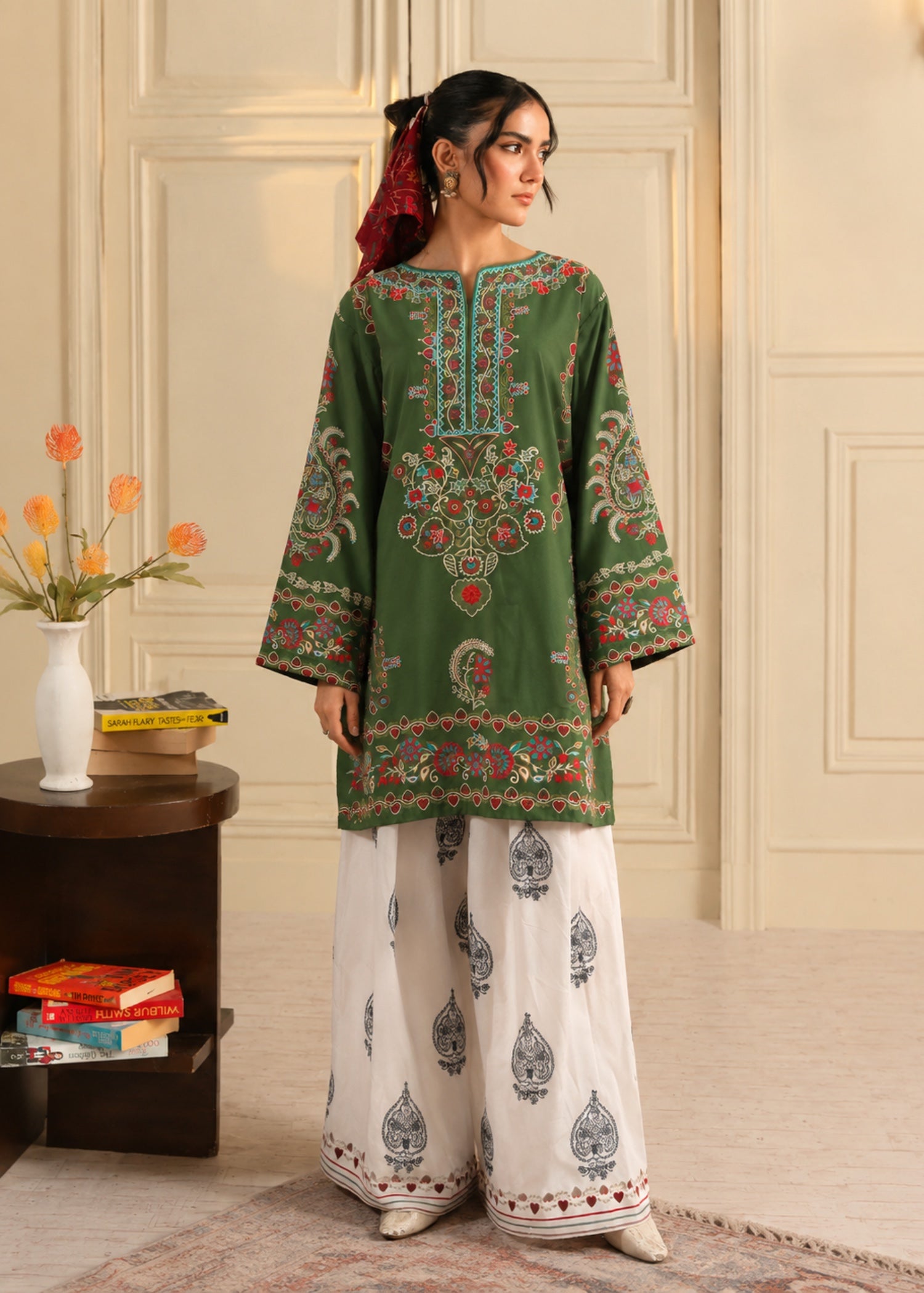 poly lawn Kurta Set in Olive green