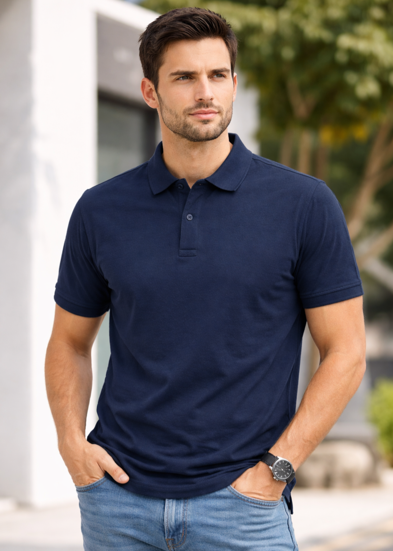 cotton Polo Shirt in Navy blue