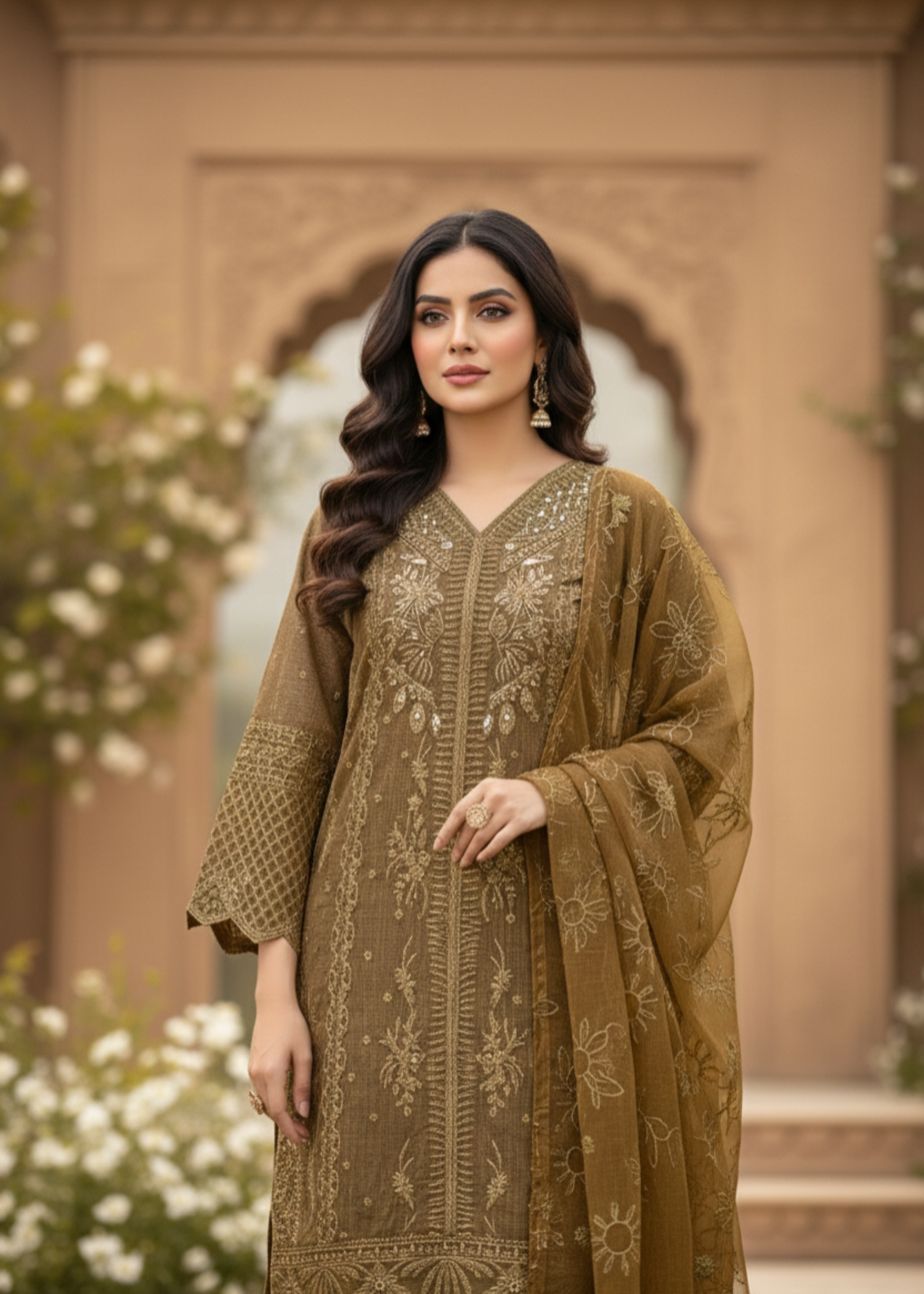 organza net Kurta Set in Golden brown
