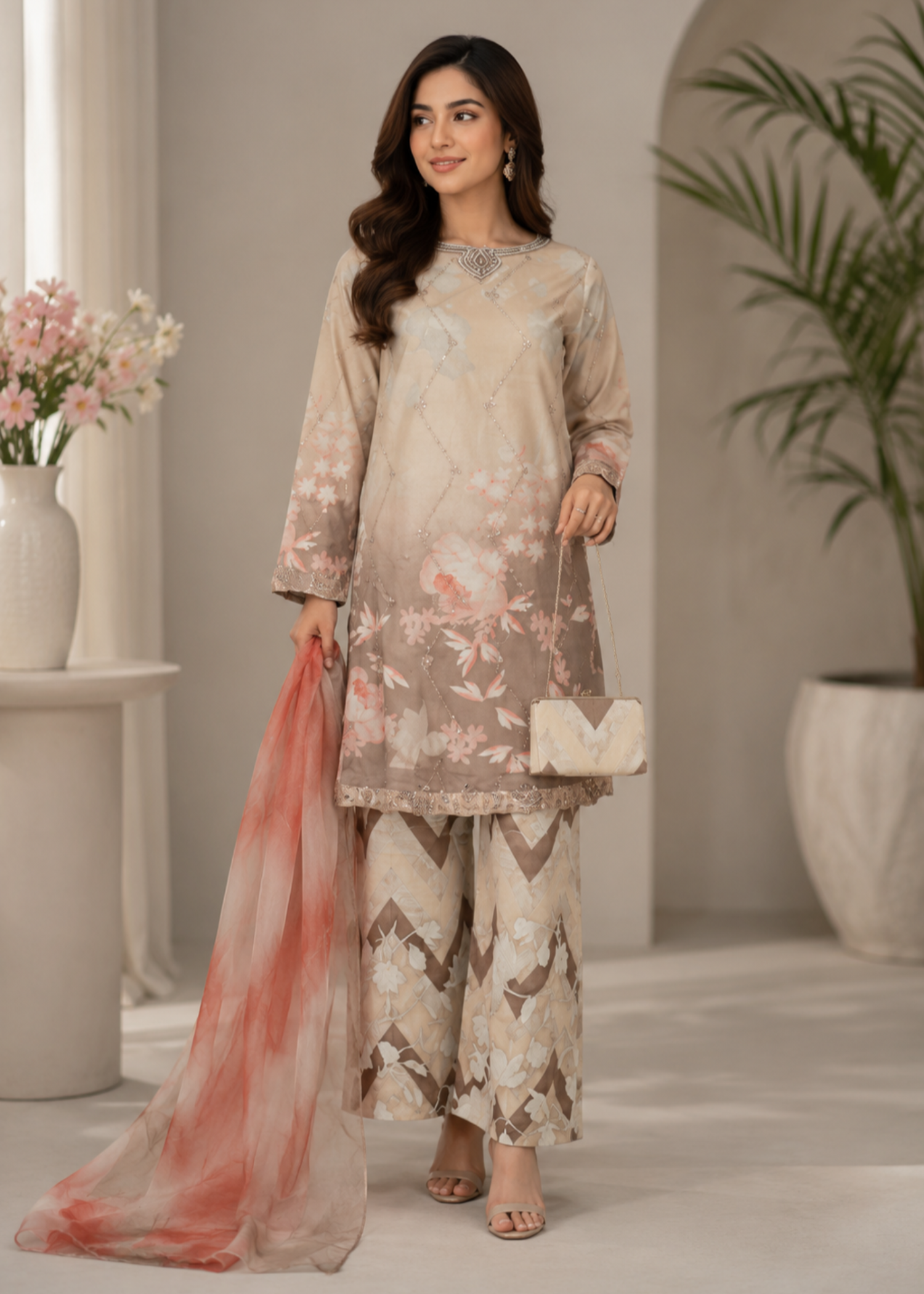 crepe Kurta Set in Tan brown