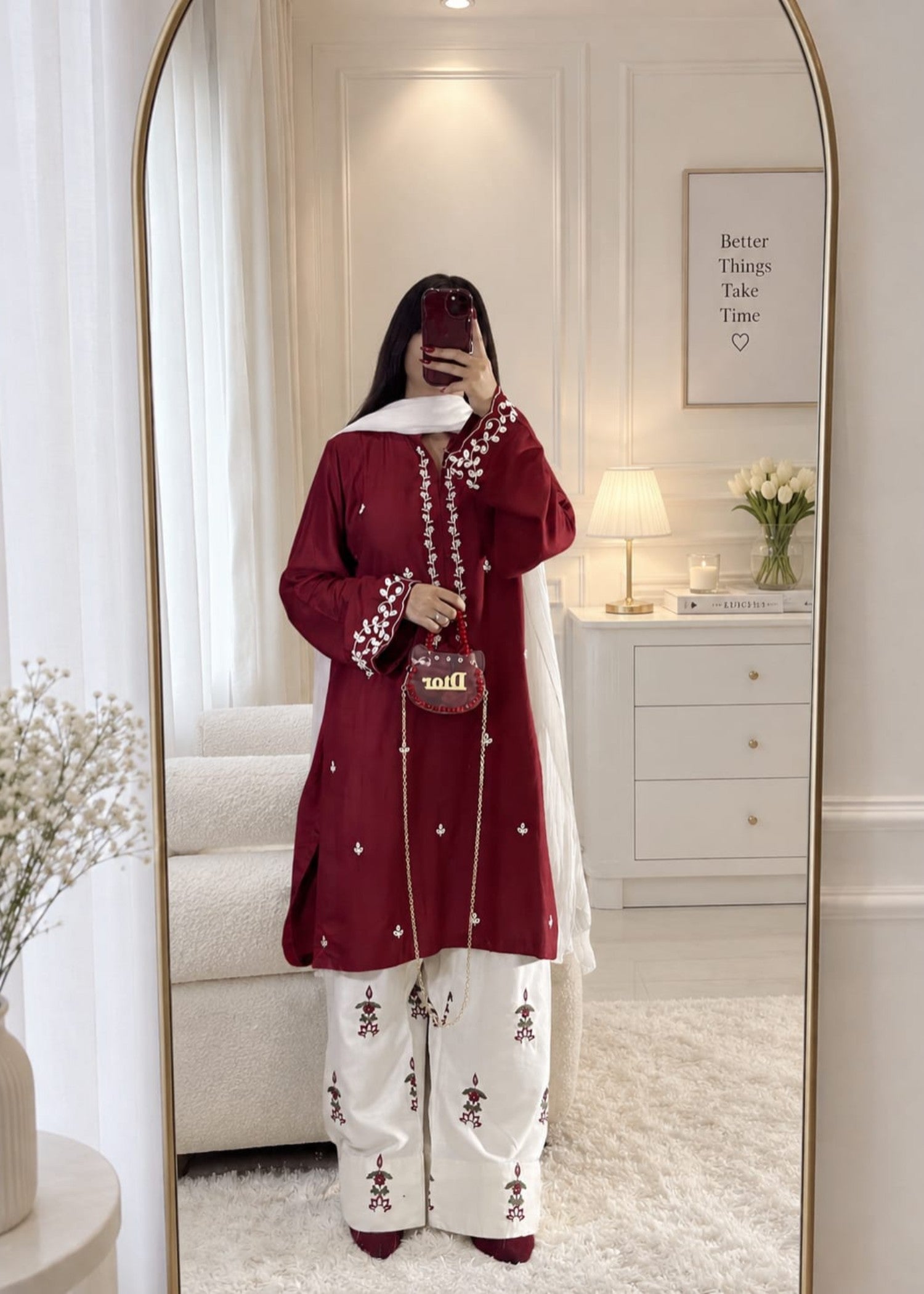 linen Kurta Set in White, maroon