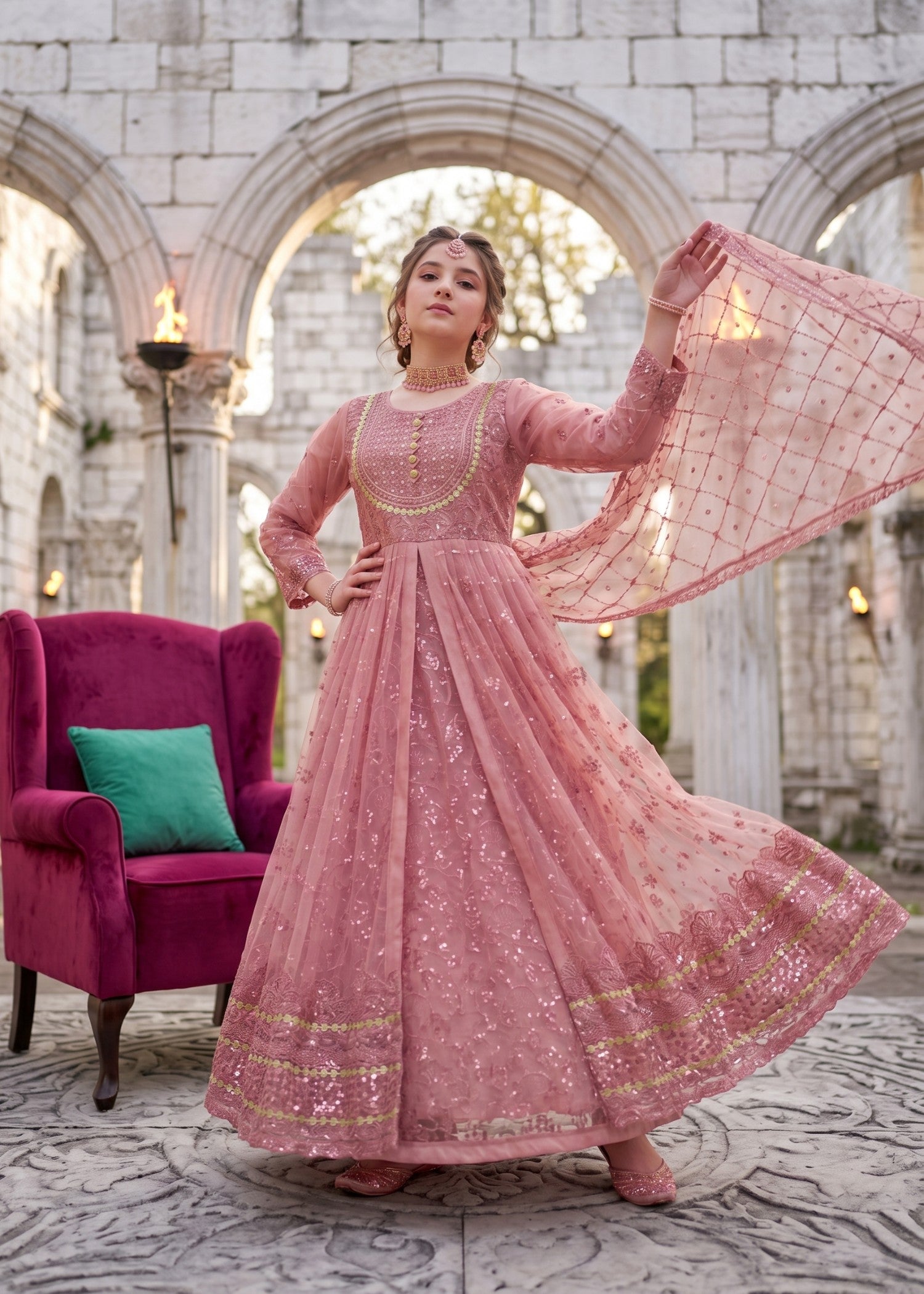 net Pishwas in Tea rose pink