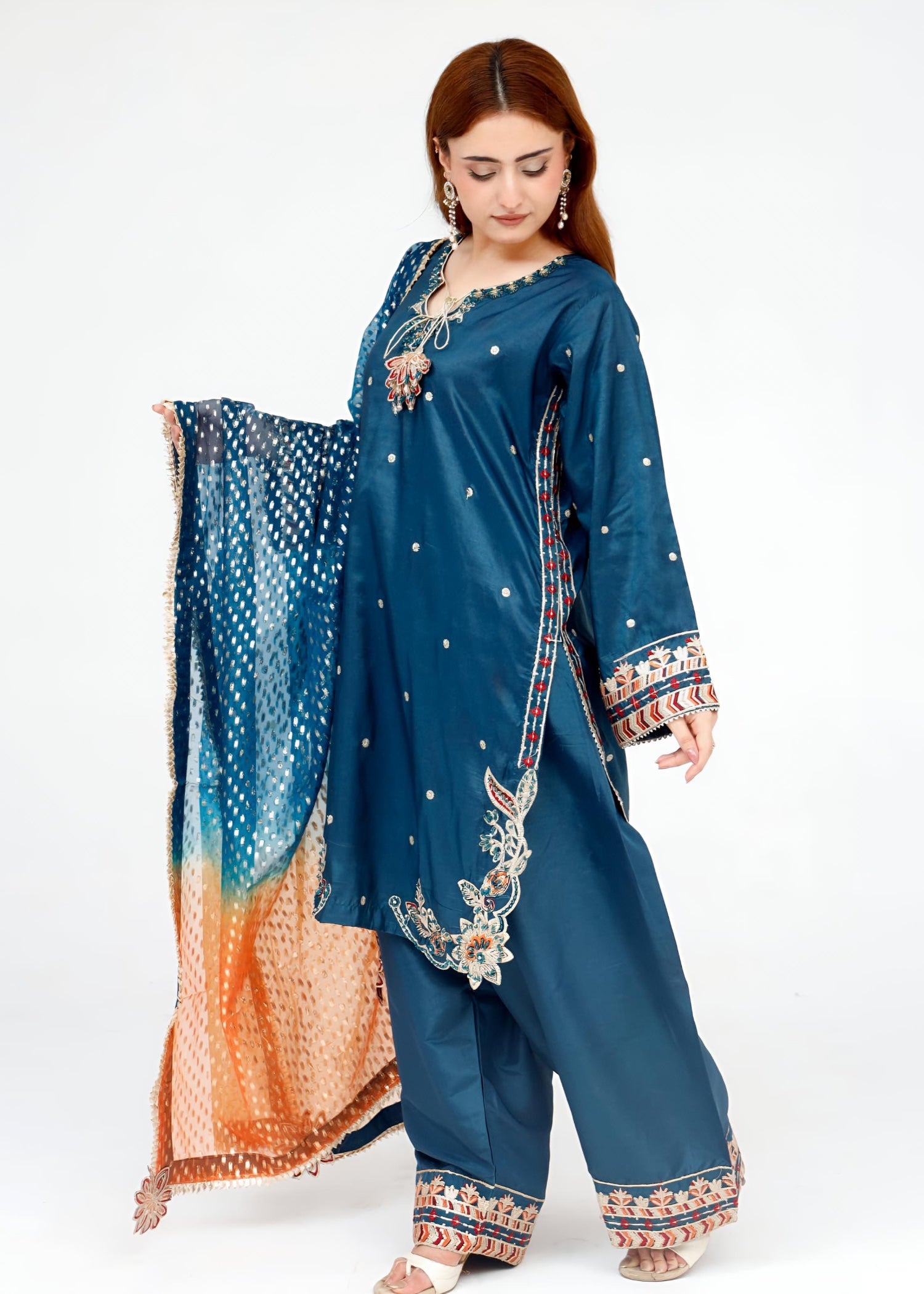 raw silk Kurta Set in Orange, teal, bondi blue