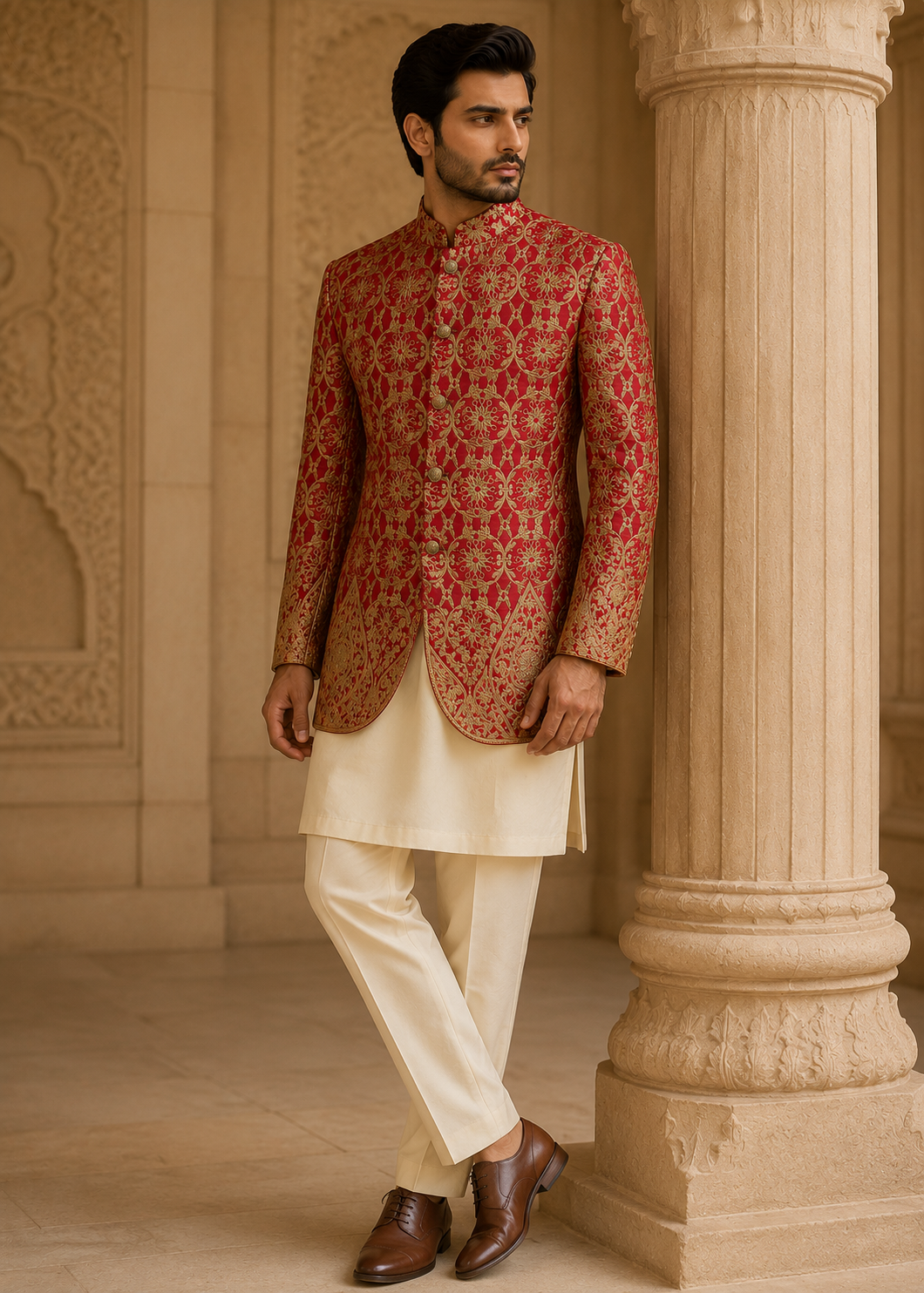 silk Prince Coat in Red, gold