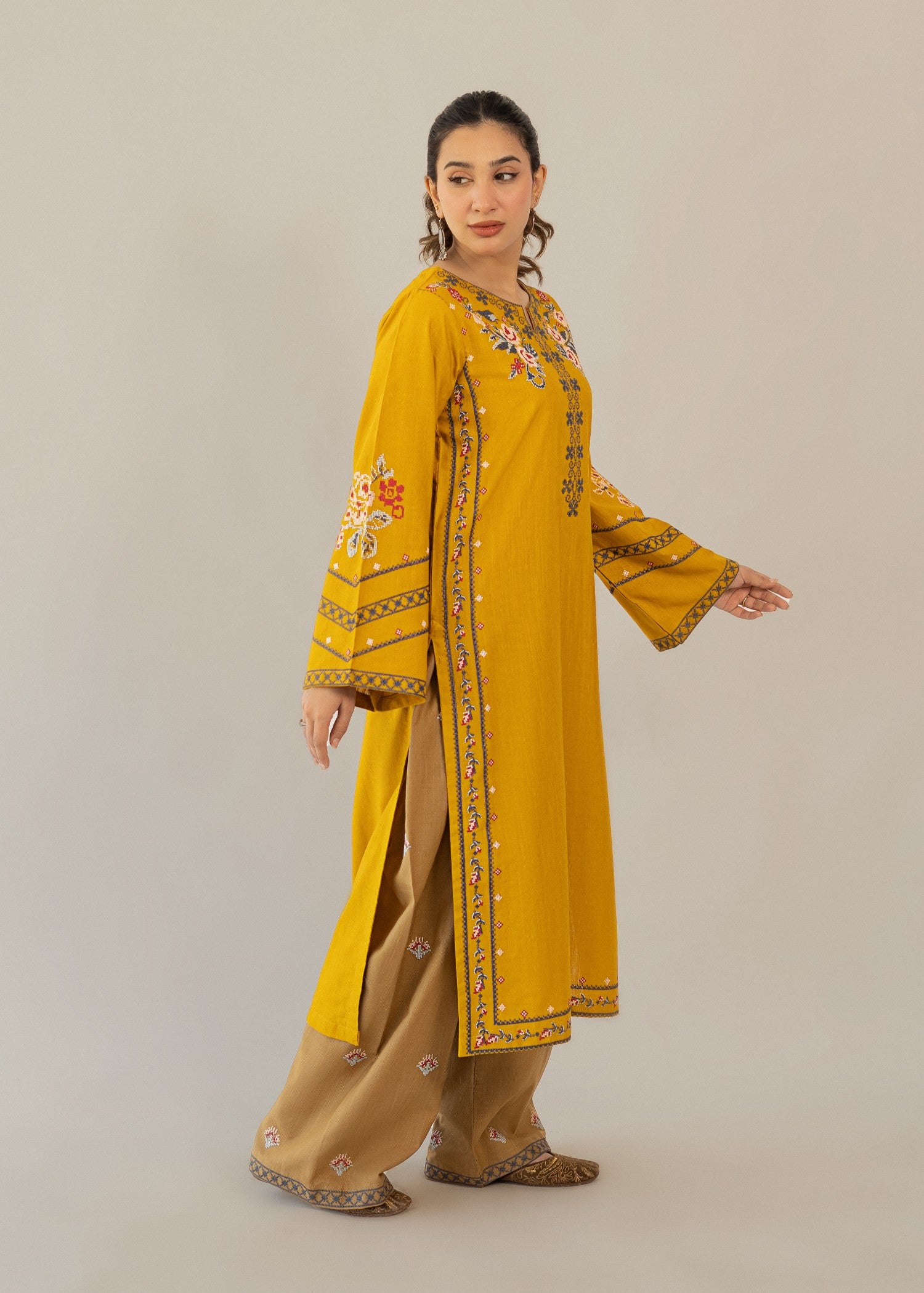 slub khaddar Kurta Set in Mustard, almond brown